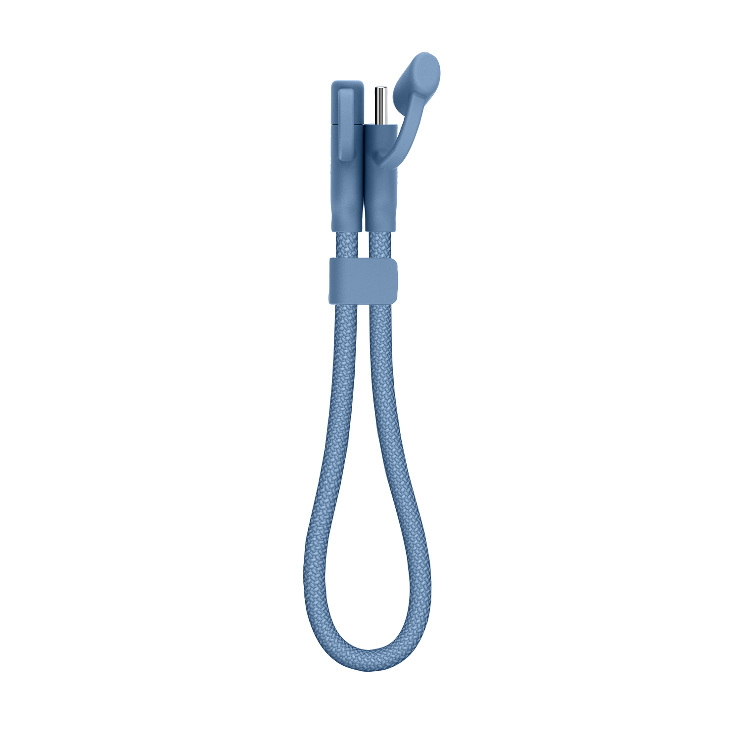 Un câble de charge bleu, avec un cordon tressé formant une boucle. Il a un connecteur et une petite pièce arrondie en haut.