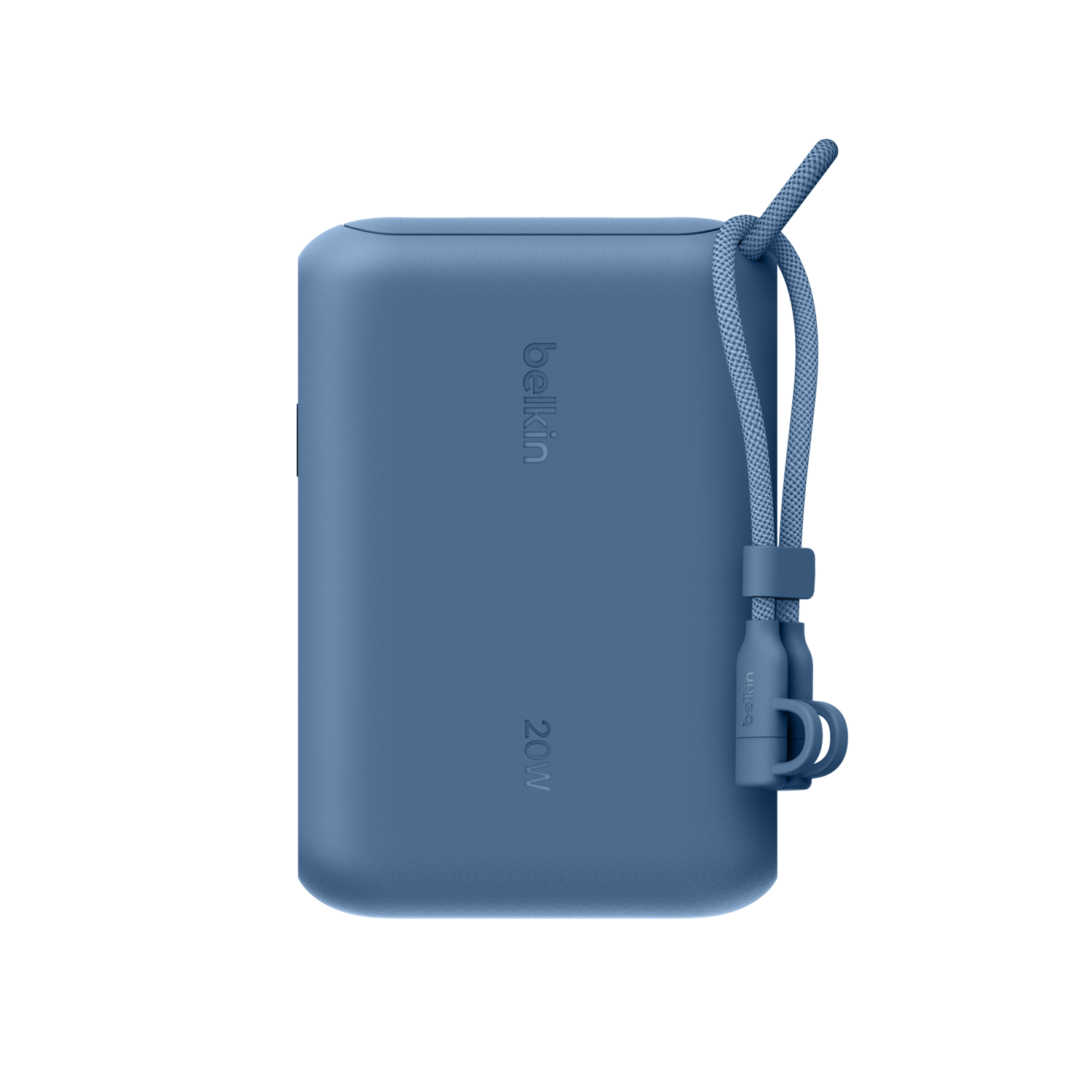Batterie externe bleue Belkin 20W. Elle a une sangle bleue. Le logo Belkin est imprimé sur l'appareil et sur la sangle.