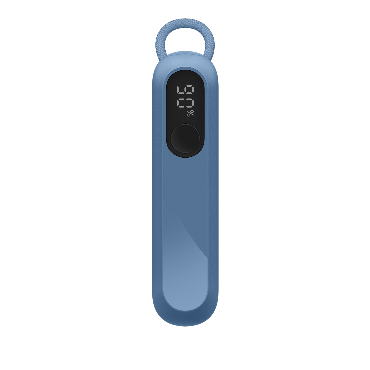 Un appareil bleu avec un affichage numérique indiquant 90%. Il a un bouton noir et une boucle en haut.