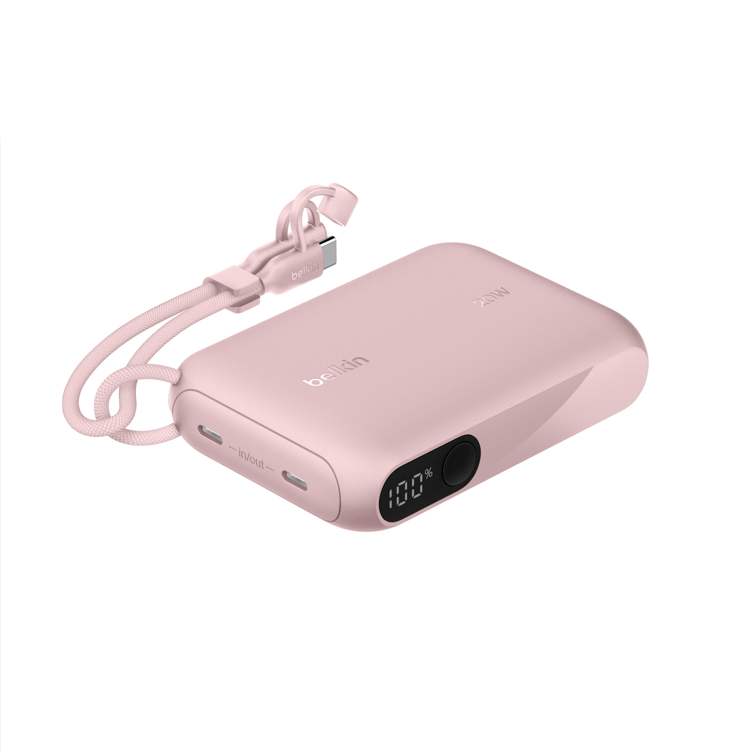 Une batterie externe Belkin rose 20W avec câble rose. La batterie affiche 100% de charge. Ports entrée/sortie visibles.