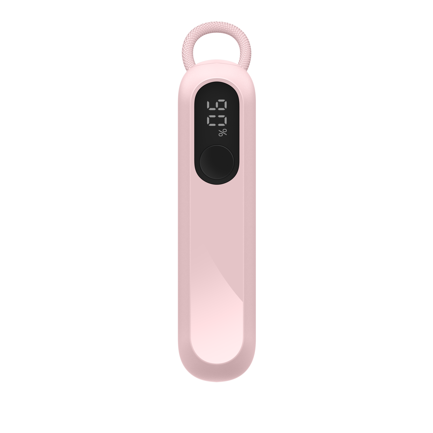 Un appareil rose avec un affichage numérique indiquant 97%. Il a un bouton noir et une boucle en haut. Le fond est blanc.