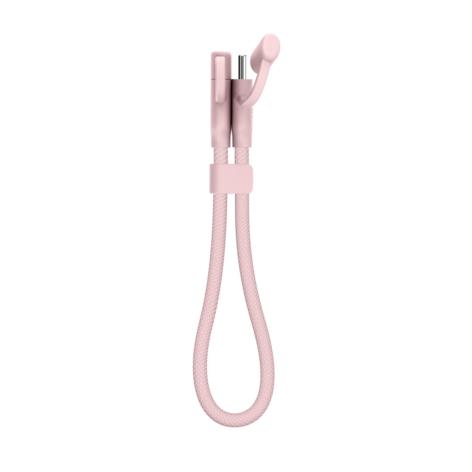 Un accessoire de téléphone rose clair avec un cordon tressé. Le haut comporte un clip et une petite pièce arrondie, peut-être pour attacher à un téléphone.