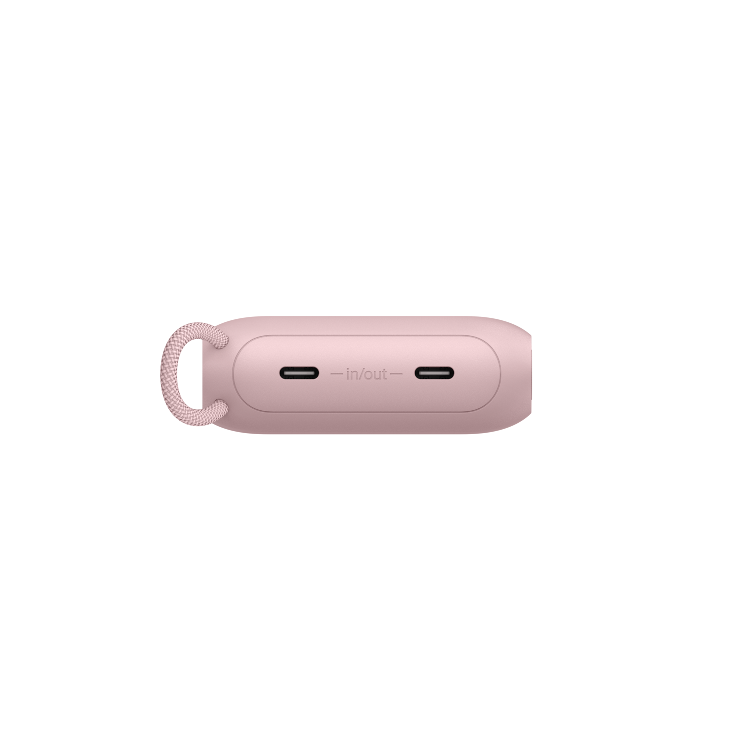 Un appareil rectangulaire rose clair, avec deux ports et le texte "- in/out -". Il a une boucle tissée.
