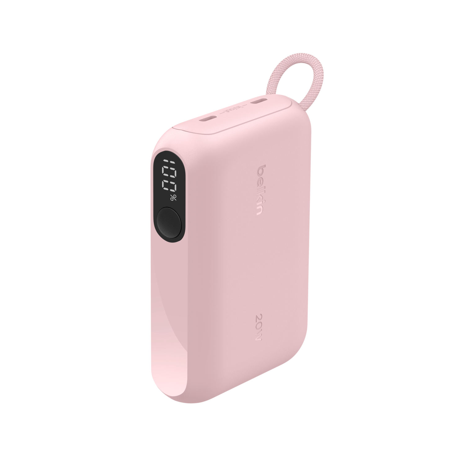 Une batterie externe Belkin 20W rose. Elle a un affichage numérique indiquant 100% et une boucle. Le fond est blanc.