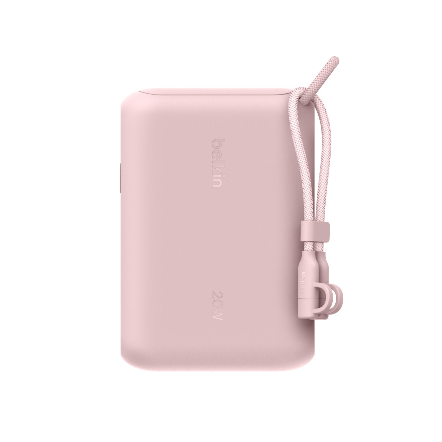 Une batterie externe Belkin 20W rose avec un cordon assorti. L'appareil est rectangulaire, avec le logo Belkin et 20W imprimés.
