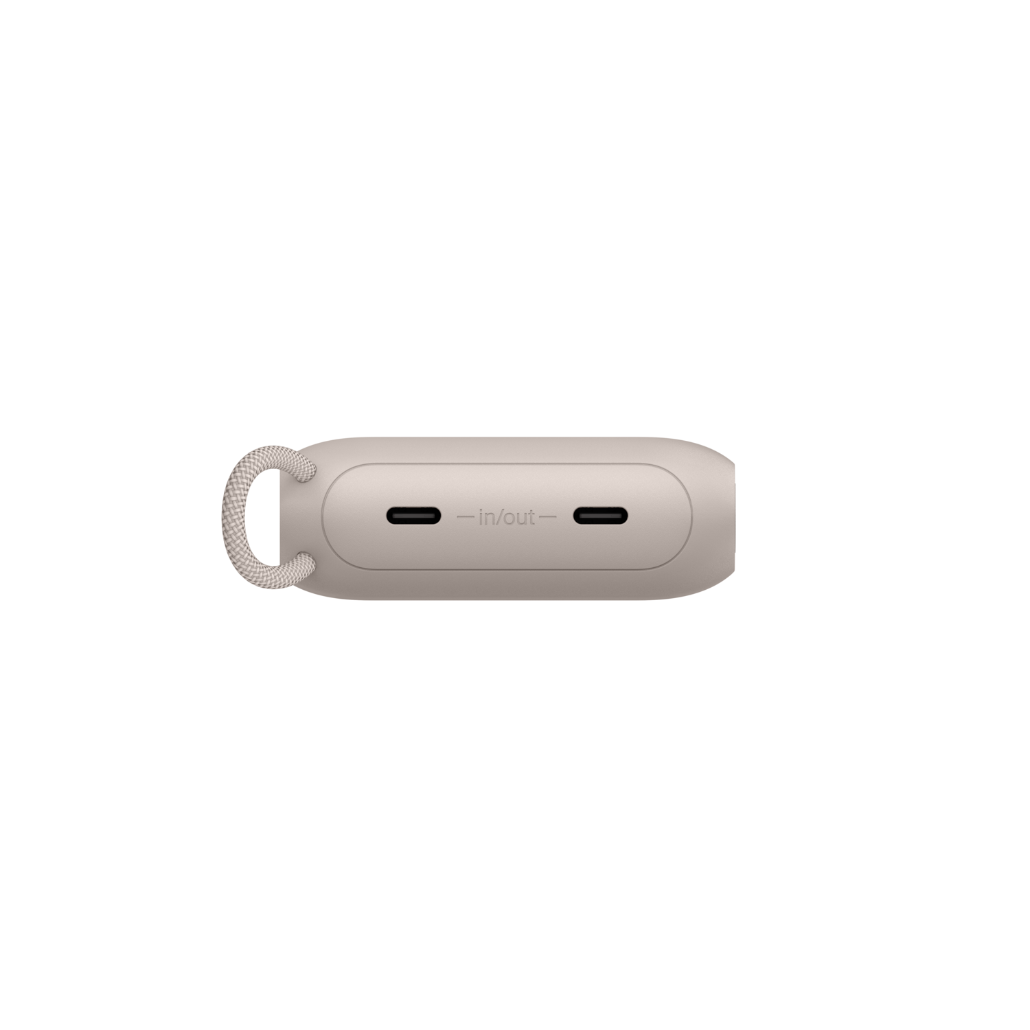 Un appareil rectangulaire beige clair avec une boucle sur le côté gauche. Il porte les mots "-in/out-" et deux ports noirs.