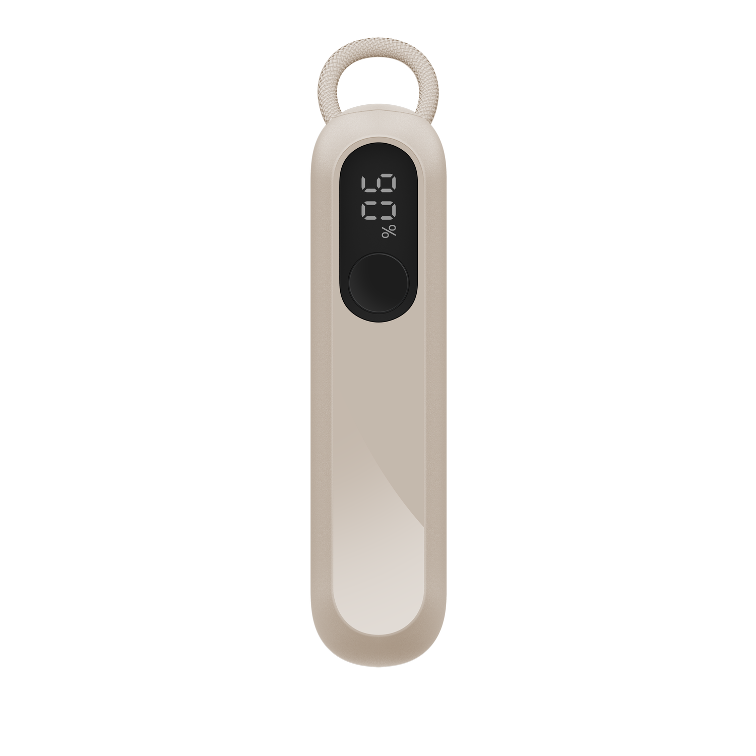 Un appareil portable beige avec un écran affichant 90 %. Il a un bouton noir et une boucle pour suspendre.