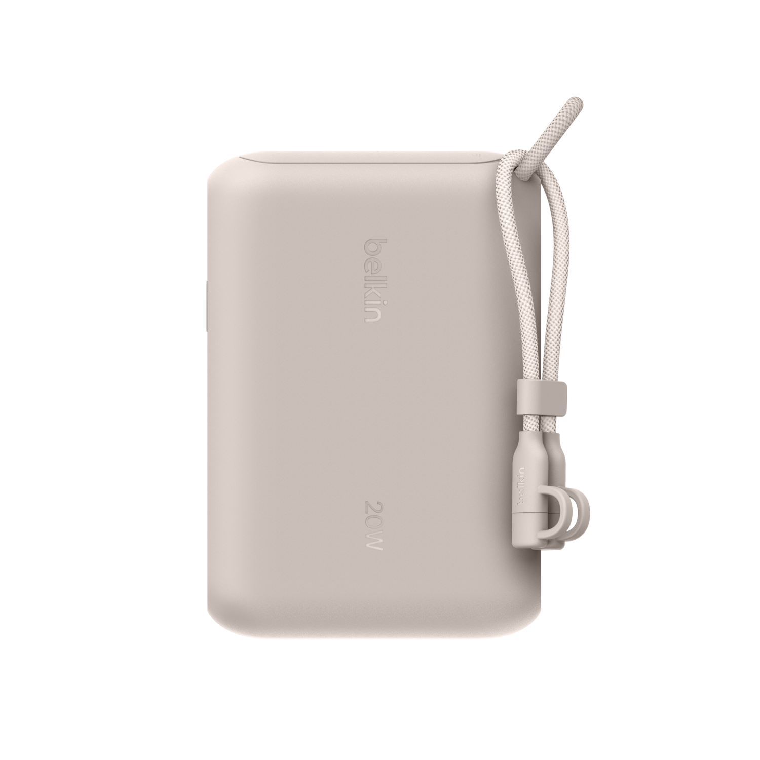 Une batterie externe Belkin 20W beige, avec une dragonne assortie. Le logo est imprimé sur le devant. Fond blanc.