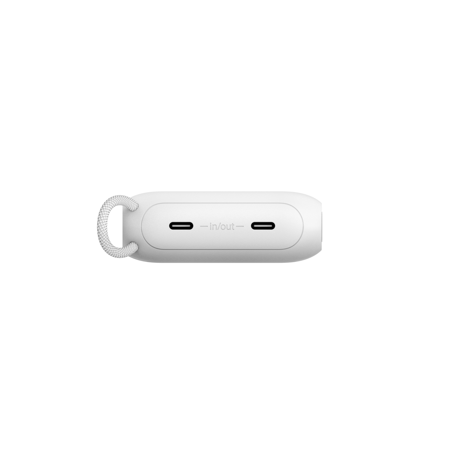 Un appareil rectangulaire blanc avec deux ports USB-C étiquetés entrée/sortie. Il possède une boucle avec un cordon tressé blanc.