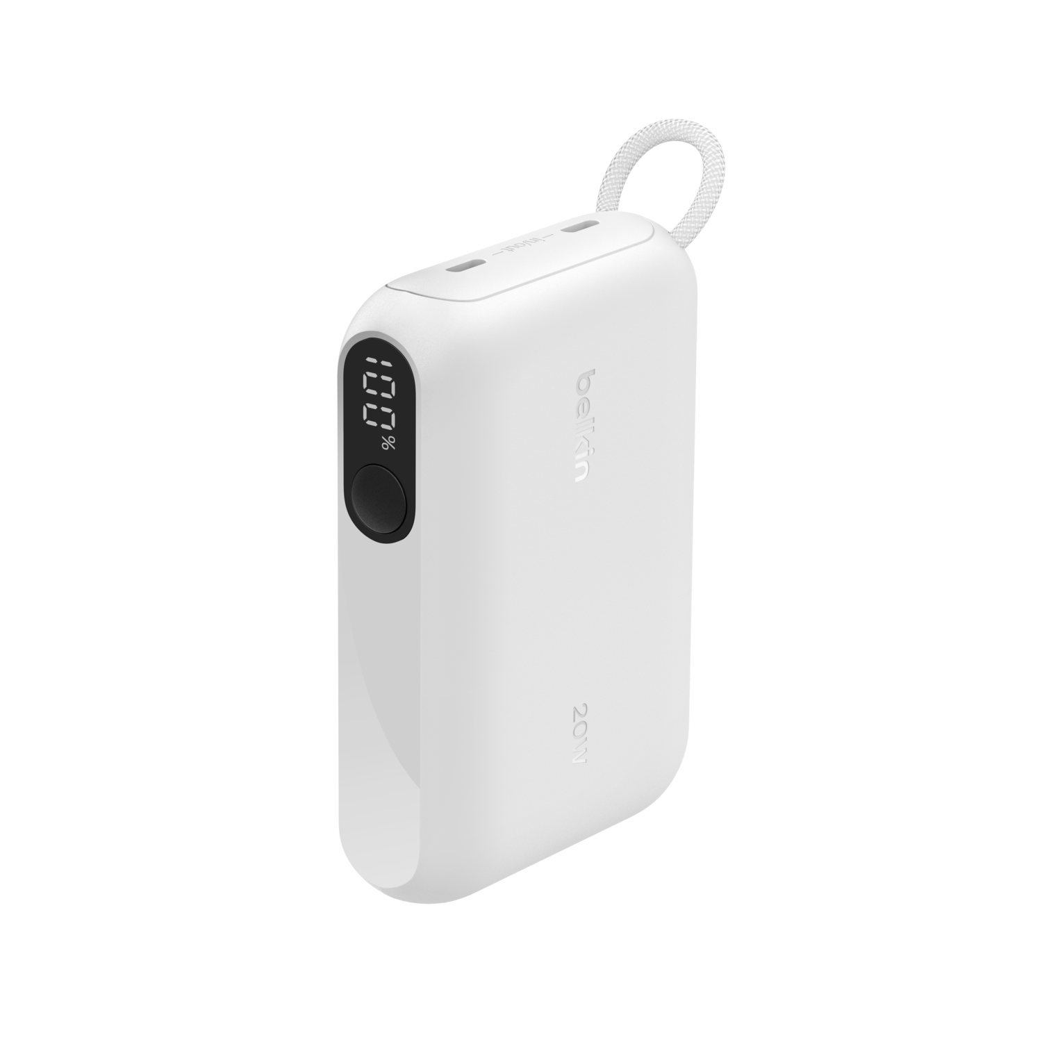 Batterie externe Belkin 20W blanche. Elle possède un affichage numérique indiquant 100%. Une boucle blanche est en haut. L'appareil est sur fond blanc.