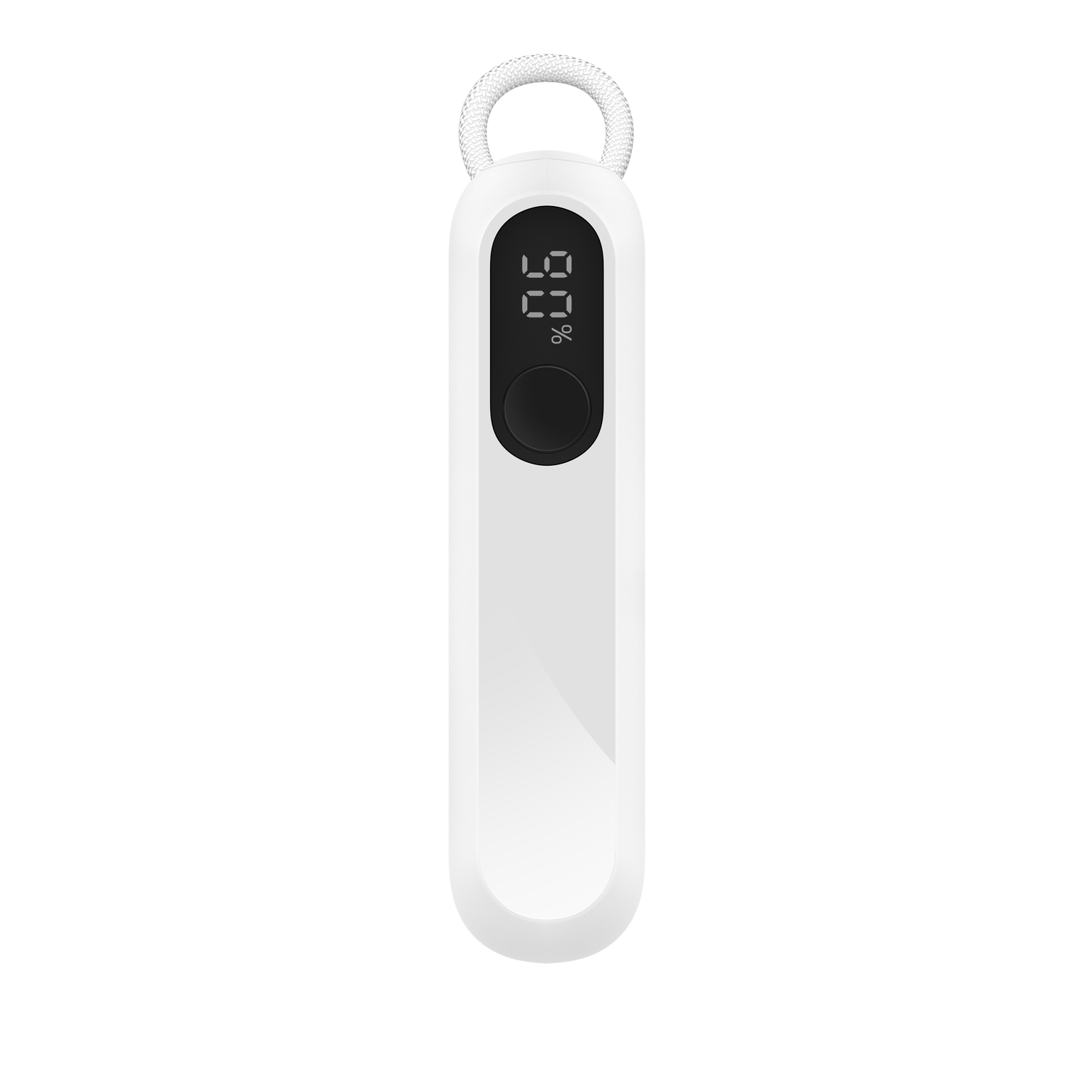 Un appareil blanc portatif avec un affichage numérique indiquant 90%. Il a un bouton noir et une boucle pour suspendre.