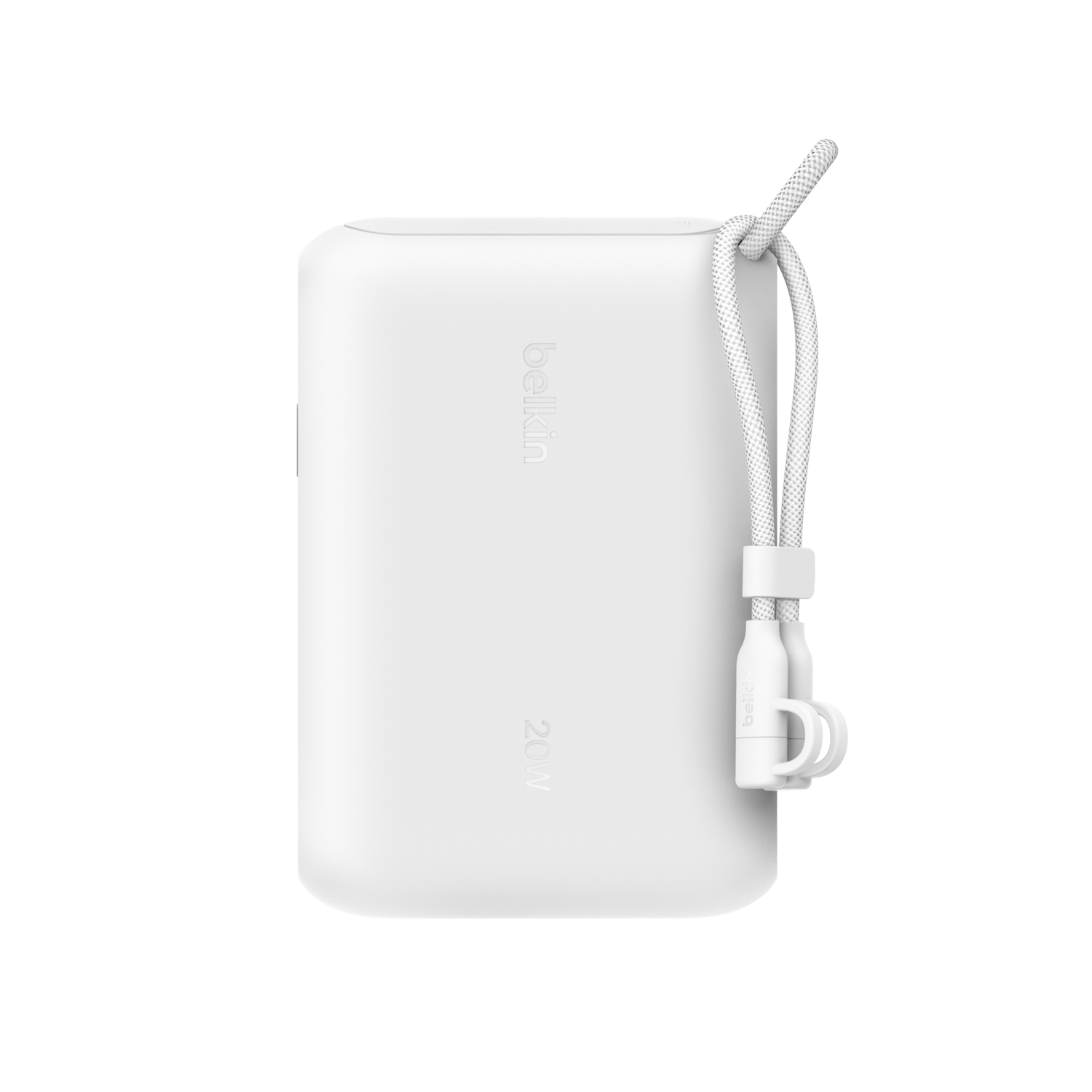Une batterie externe Belkin 20W blanche avec une sangle blanche est présentée sur un fond blanc. Le produit porte la marque Belkin.