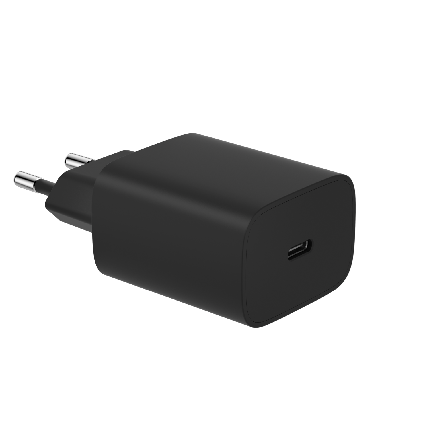 Un chargeur de téléphone noir avec un port USB-C. Il possède deux broches argentées pour la prise.