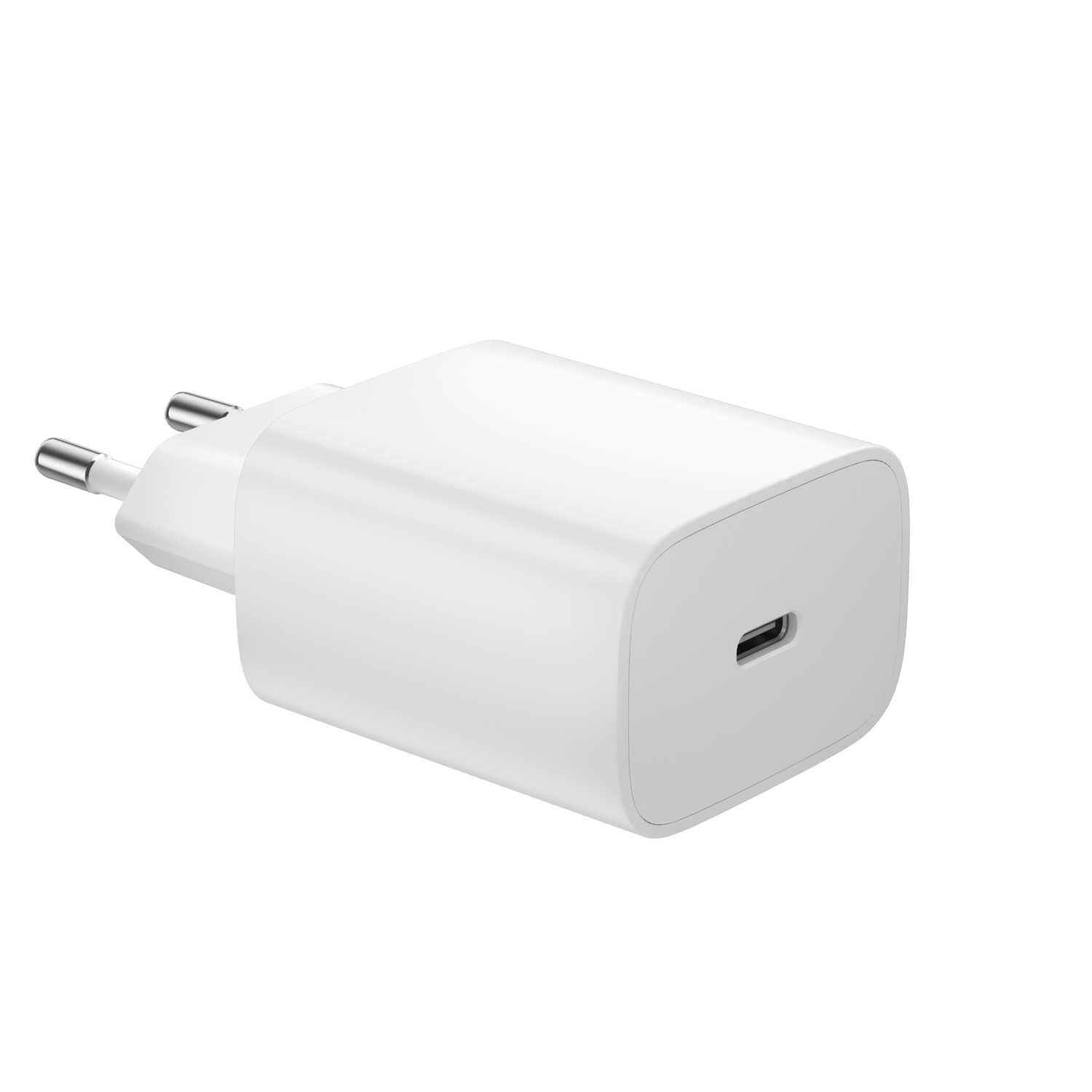 Un adaptateur secteur blanc avec un port Type-C, légèrement incliné. Il a deux broches argentées pour brancher.