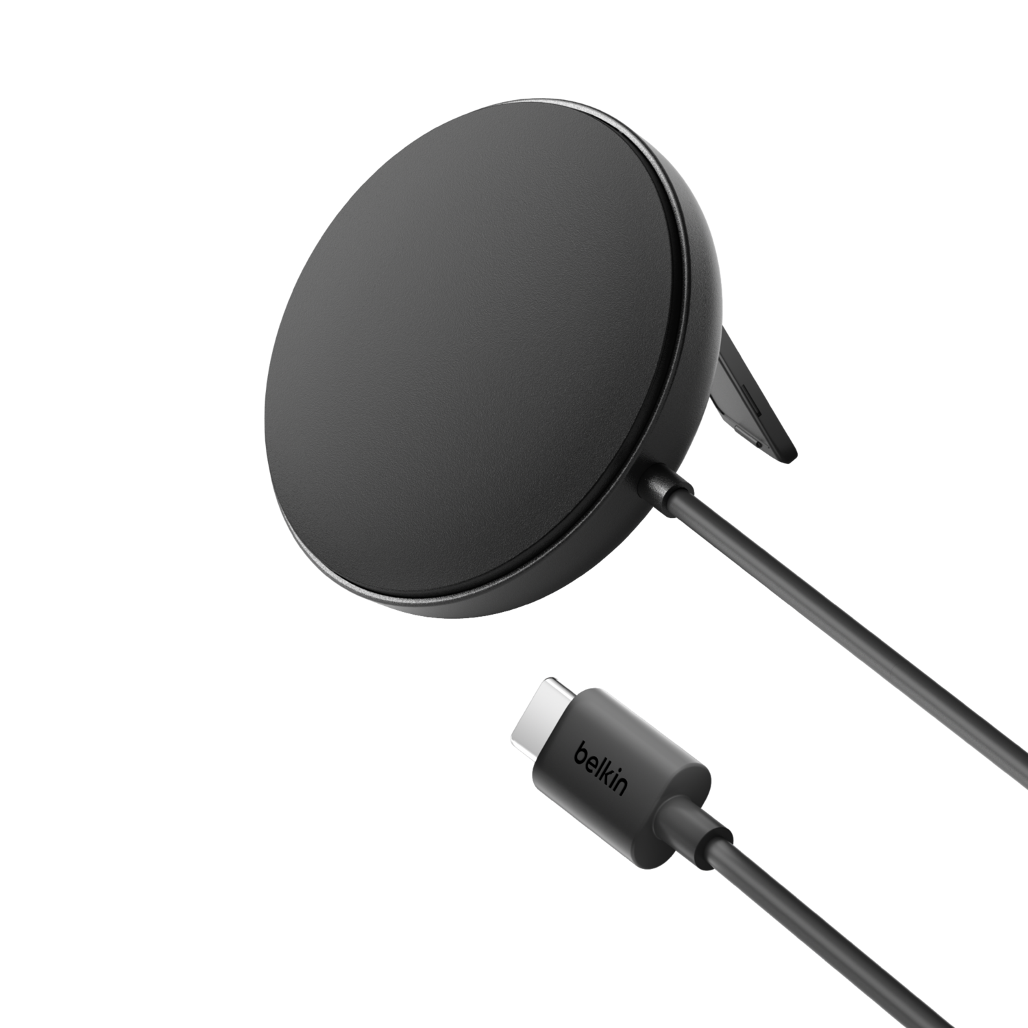 Chargeur sans fil noir avec câble et connecteur USB-C. Le chargeur est rond et porte le logo Belkin.