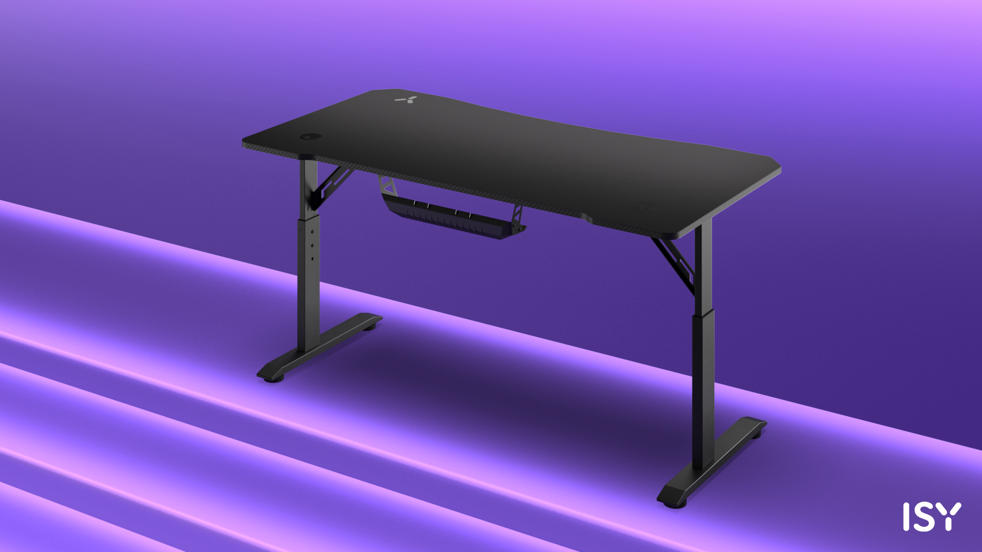 Ein schwarzer Gaming-Schreibtisch mit Logo auf lila und violettem Hintergrund. Der Schreibtisch hat eine Ablage.