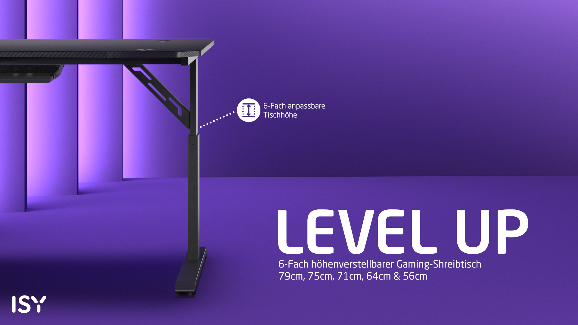 Schwarzer Gaming-Schreibtisch mit höhenverstellbaren Einstellungen auf lila Hintergrund. Text: 'LEVEL UP' und 'ISY'.