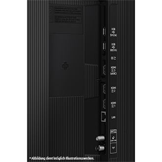Nahaufnahme der Rückseite eines Fernsehers mit verschiedenen Anschlüssen wie USB, HDMI, LAN und anderen.