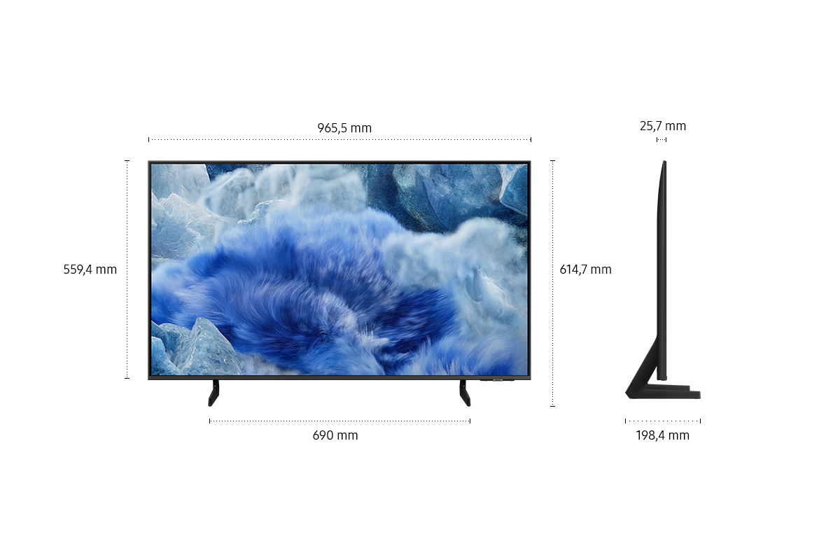 Ein Fernseher auf weißem Hintergrund. Maße: 965,5 mm breit, 559,4 mm hoch, 25,7 mm dick. Mit wolkenartigem Bild.