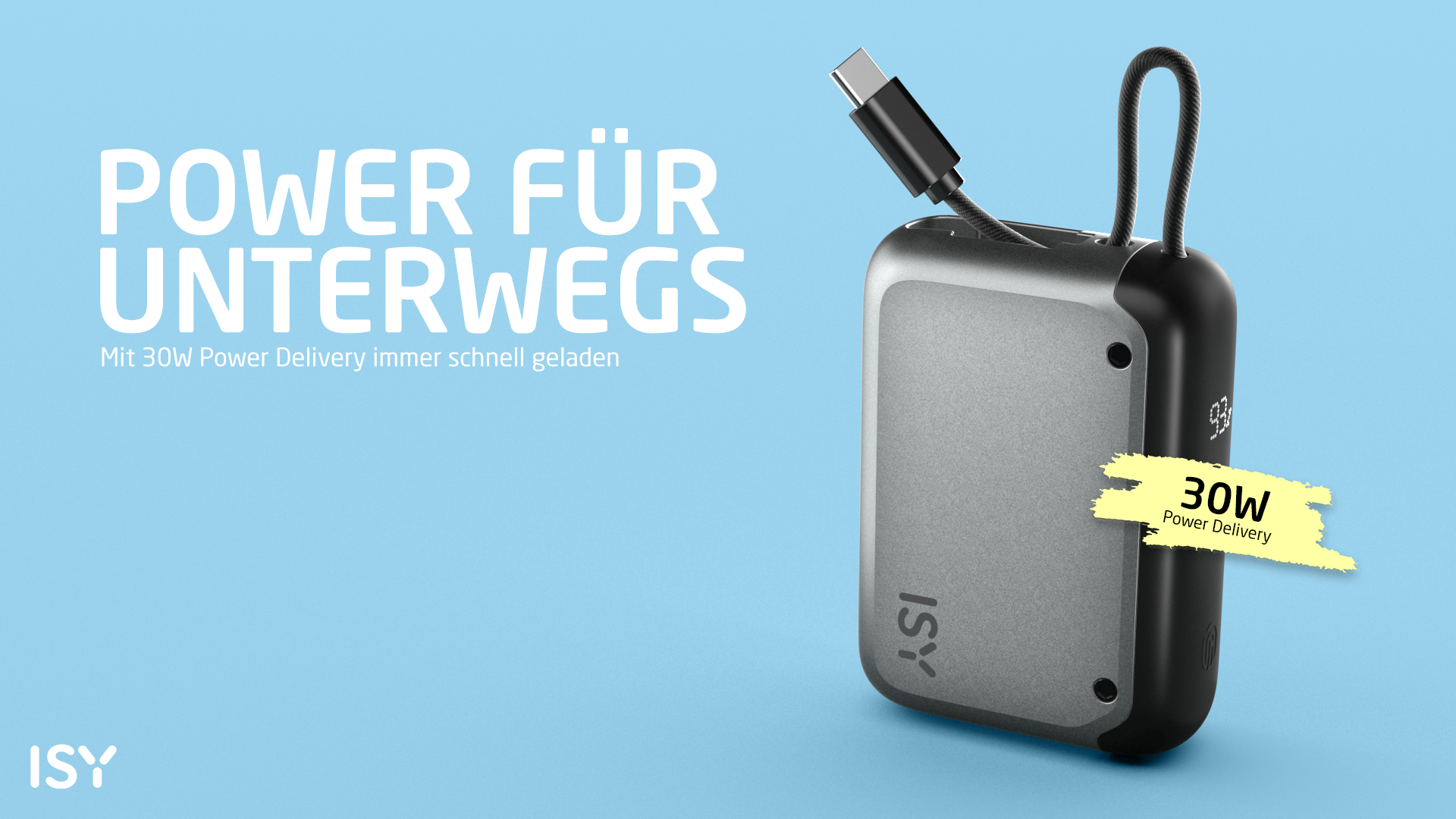 Das Bild zeigt eine Powerbank mit USB-C-Kabel. Text sagt 'Power für unterwegs' und '30W Power Delivery'.