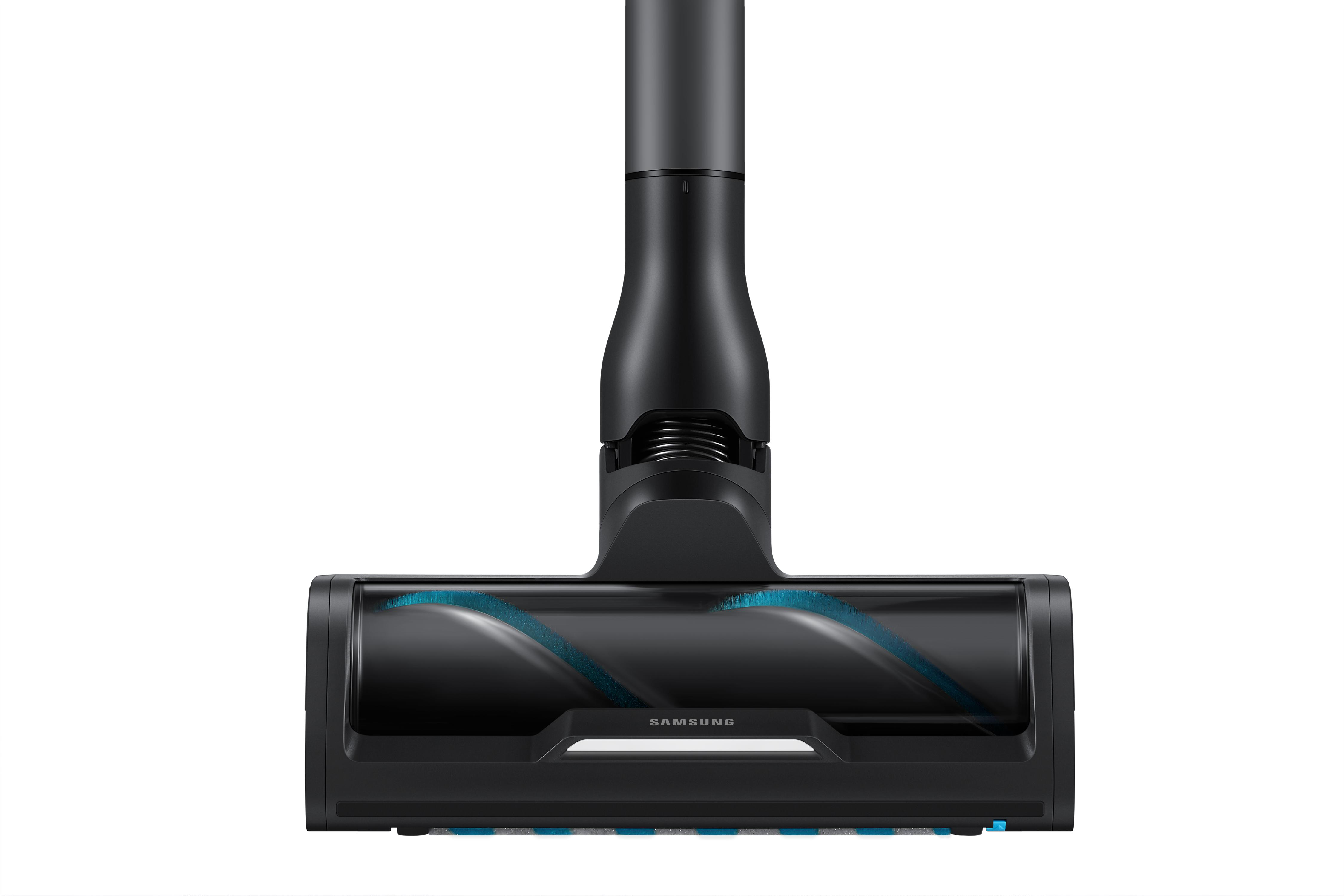 Schwarzer Staubsaugerkopf mit blauen Borsten vor weißem Hintergrund. Das Samsung-Logo ist sichtbar.
