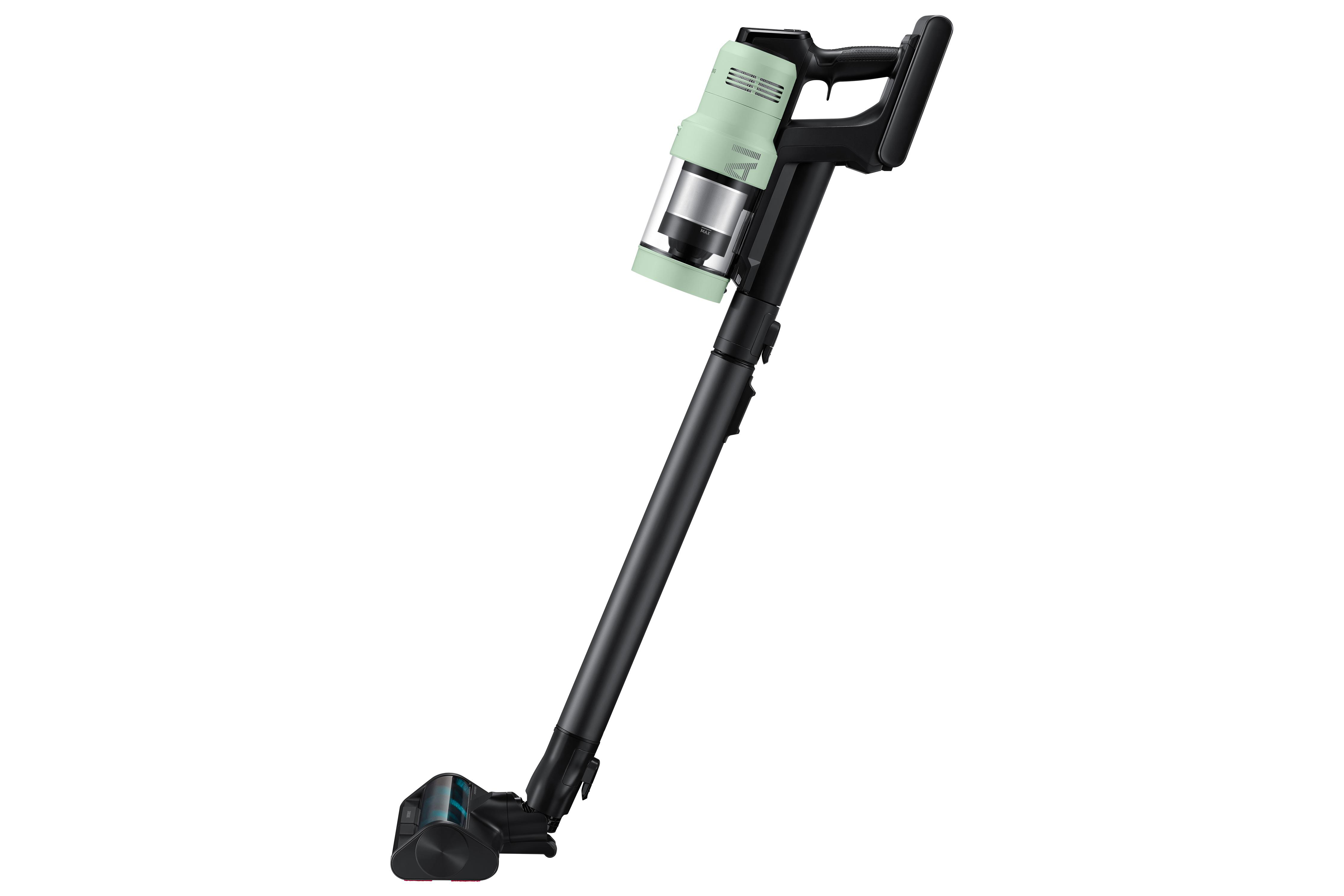 Ein kabelloser Staubsauger, schwarz und mintgrün. Es ist auf weißem Hintergrund.