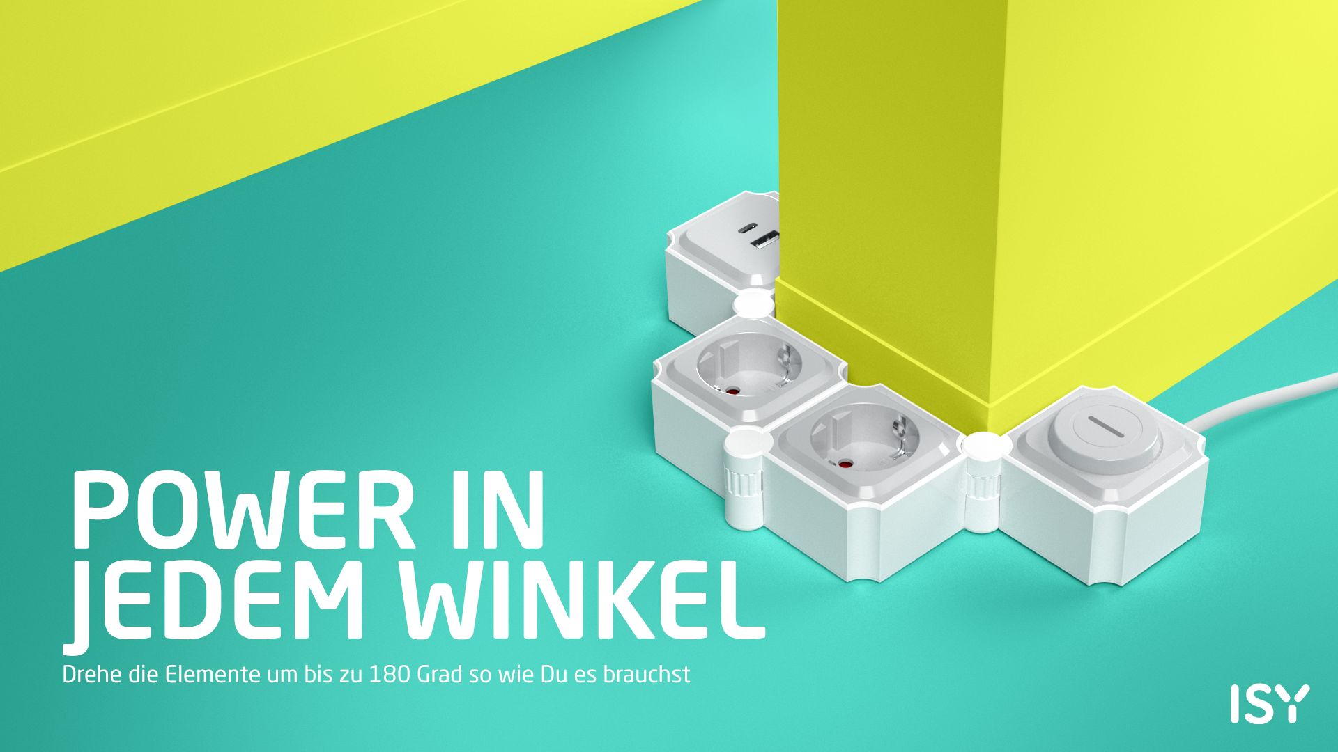 Weißes Verlängerungskabel mit Steckdosen und USB. Gelber und türkisfarbener Hintergrund mit dem Text "POWER IN JEDEM WINKEL".