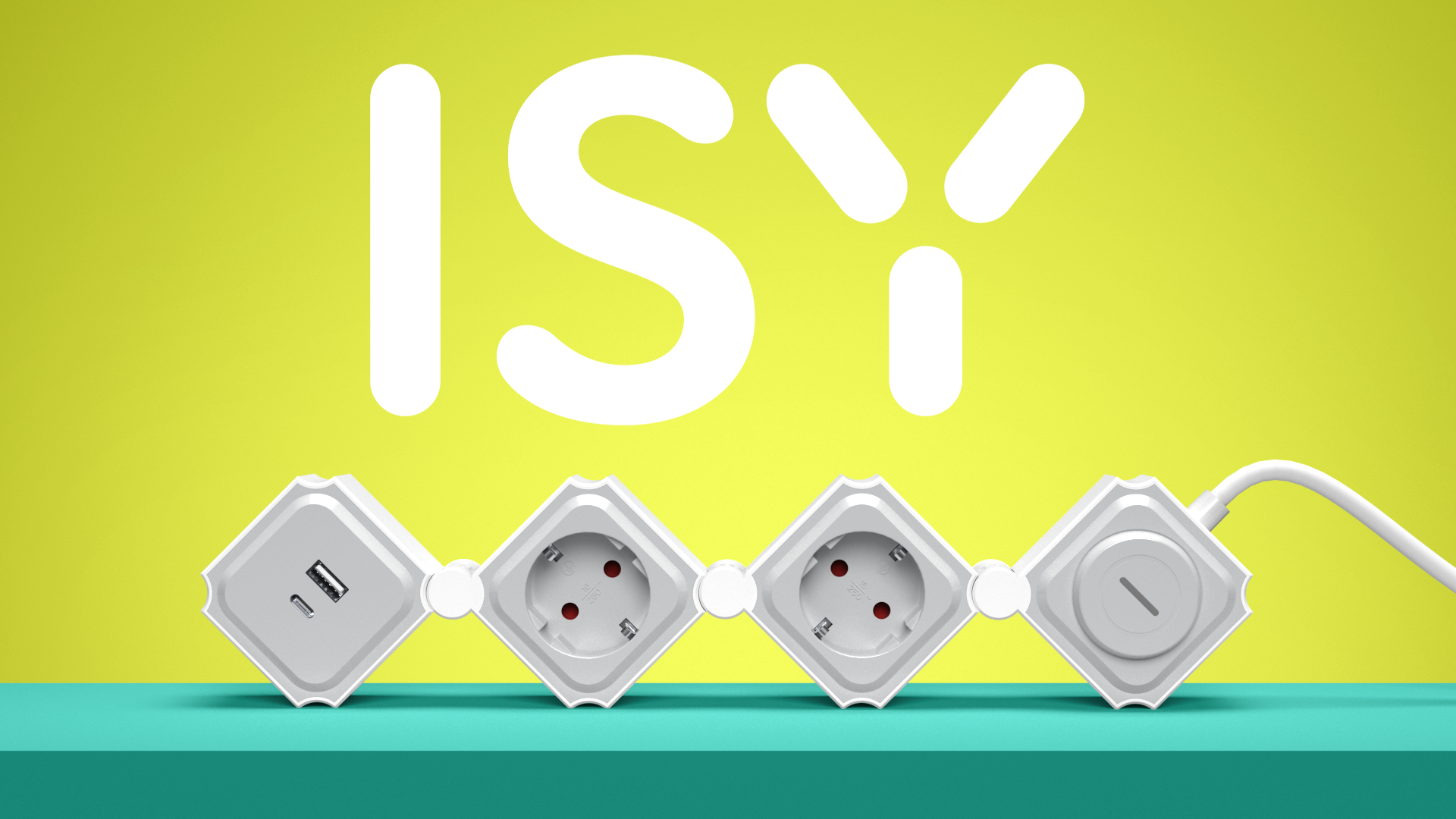 Weiße Steckdosenleiste mit USB-Anschlüssen und Steckdosen, das Wort 'ISY' in Weiß auf gelbem Hintergrund.