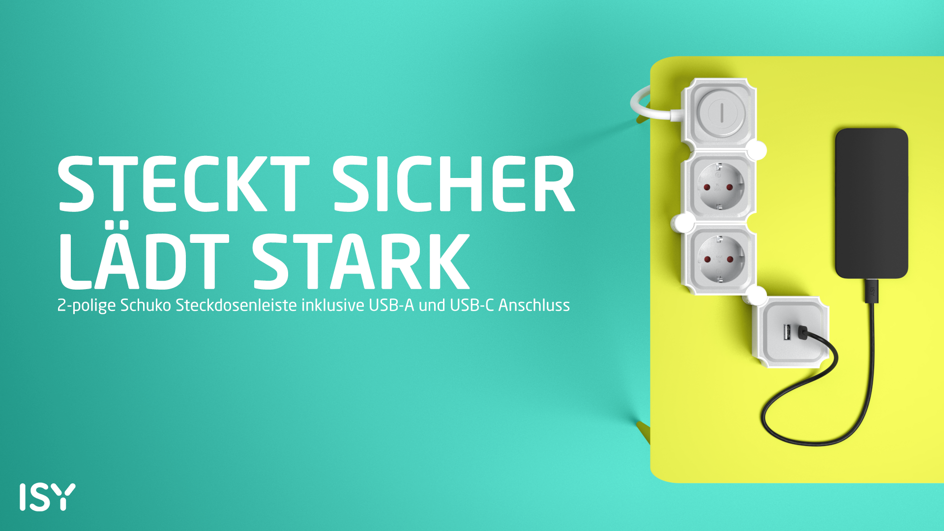 Ein Bild mit einer weißen Steckdosenleiste, einem schwarzen Telefon, das geladen wird, und deutschem Text.