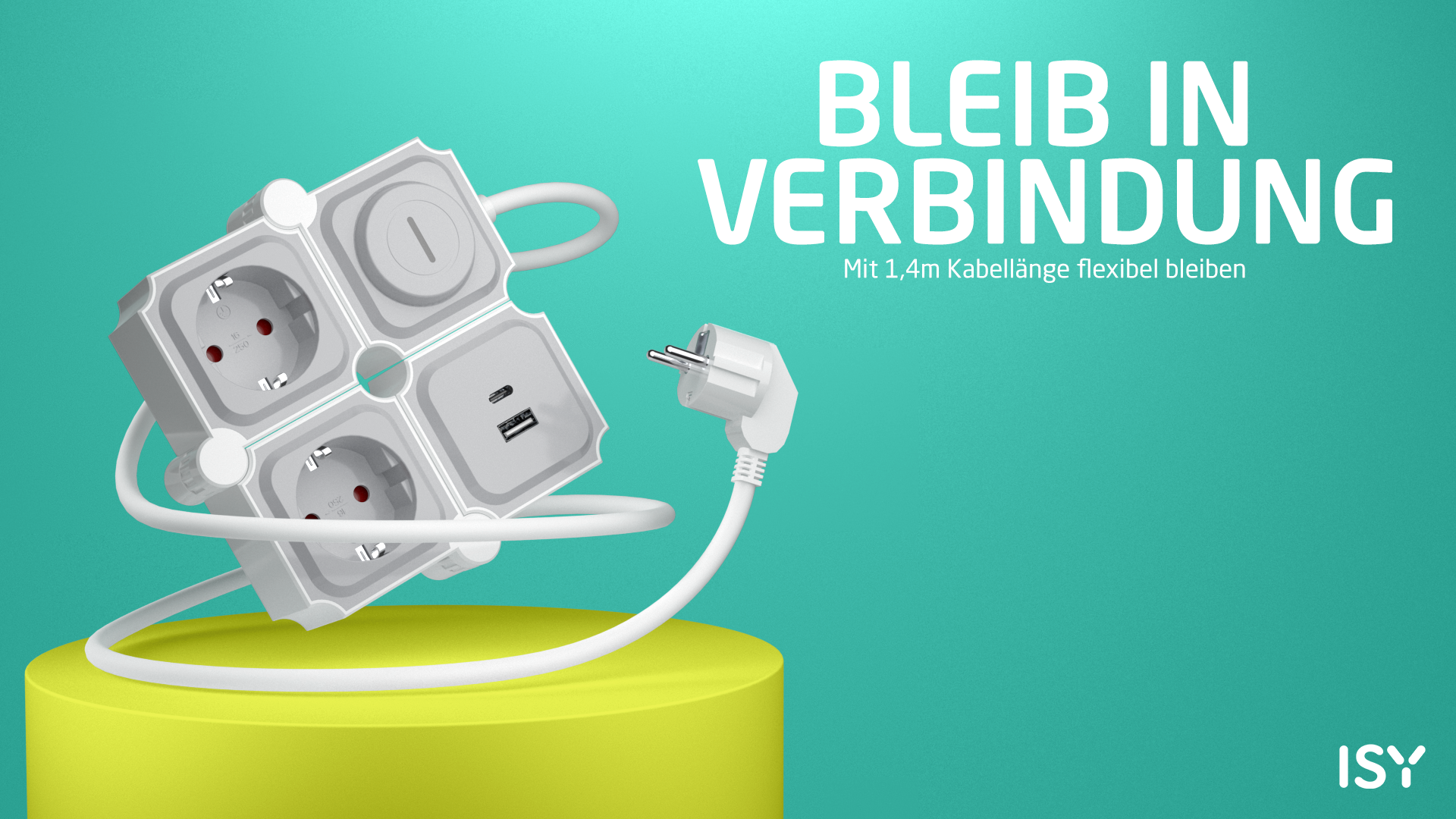 Ein weißer Steckerblock mit mehreren Steckdosen und USB-Anschlüssen, eingesteckt. Er steht auf einer gelben Plattform vor einem türkisblauen Hintergrund.