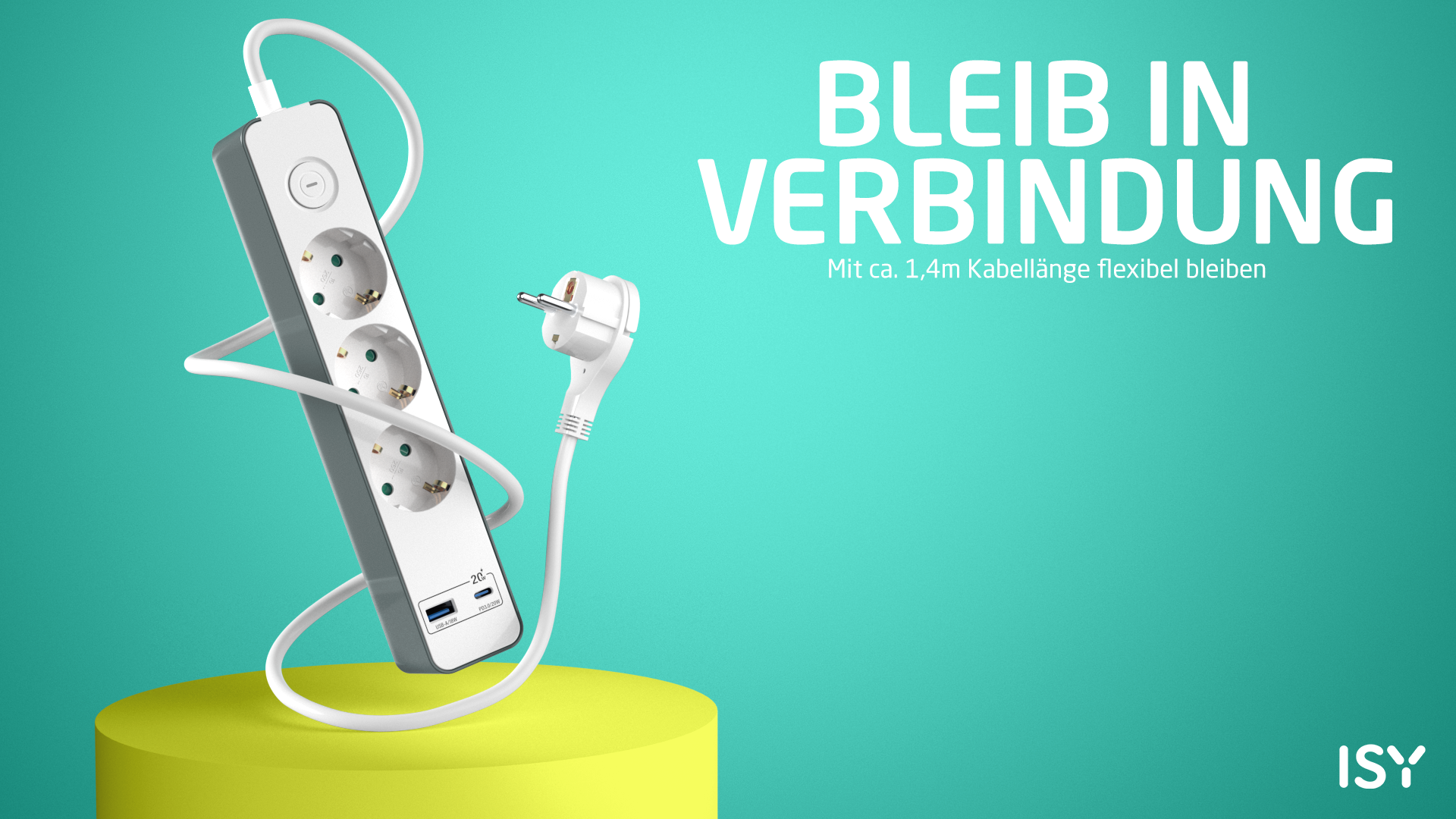 Eine weiße und graue Steckdosenleiste mit Stecker, auf gelbem Sockel und türkisfarbenem Hintergrund. Text: 'BLEIB IN VERBINDUNG'.