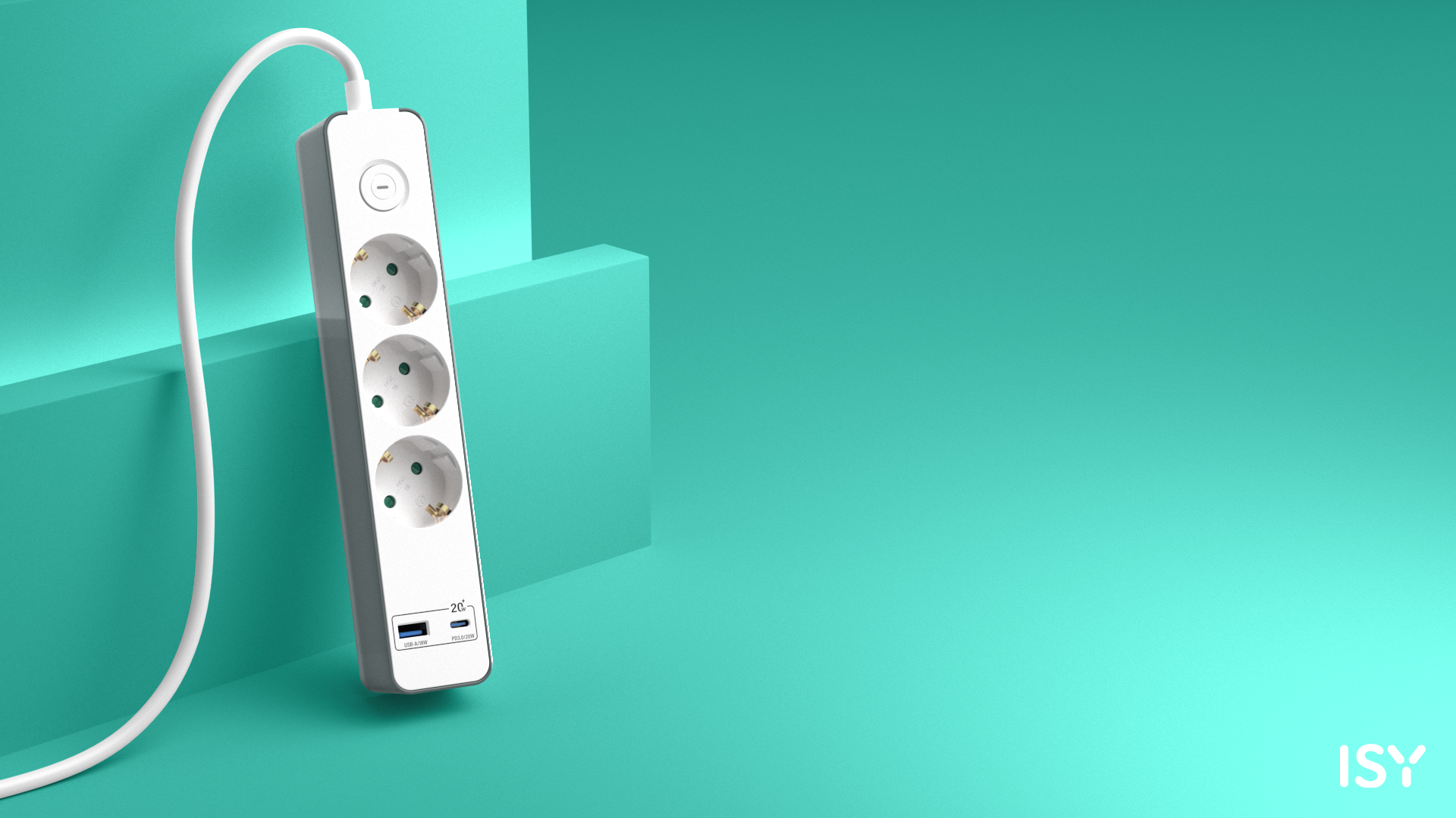 Weißer Mehrfachstecker mit drei Steckdosen und weißem Kabel vor türkisem Hintergrund mit minimalistischem Design.