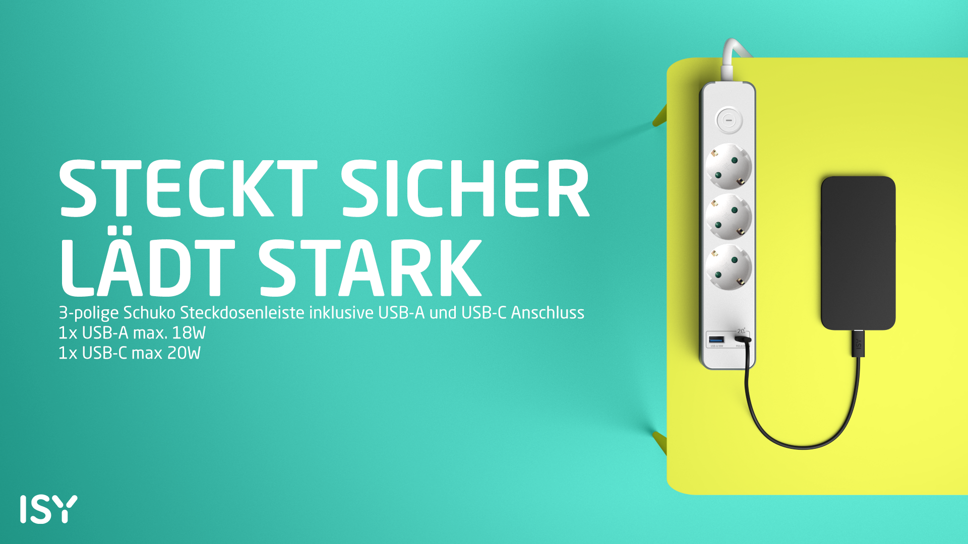 Weiße Steckdosenleiste mit Steckdosen und USB-Anschlüssen, verbunden mit einem schwarzen Gerät auf gelbem Hintergrund.