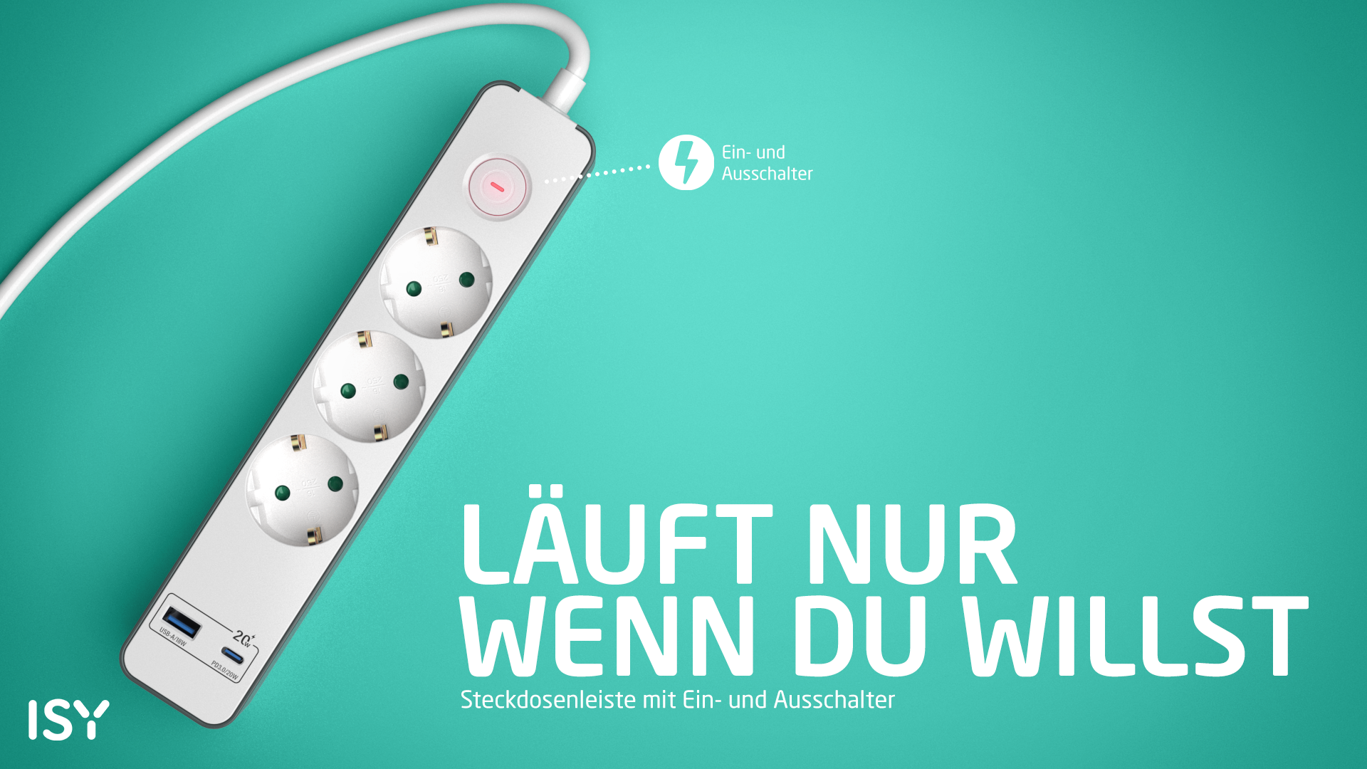 Eine weiße Steckdosenleiste mit drei Steckdosen, USB-Anschlüssen und einem Ein/Aus-Schalter, vor türkisfarbenem Hintergrund.