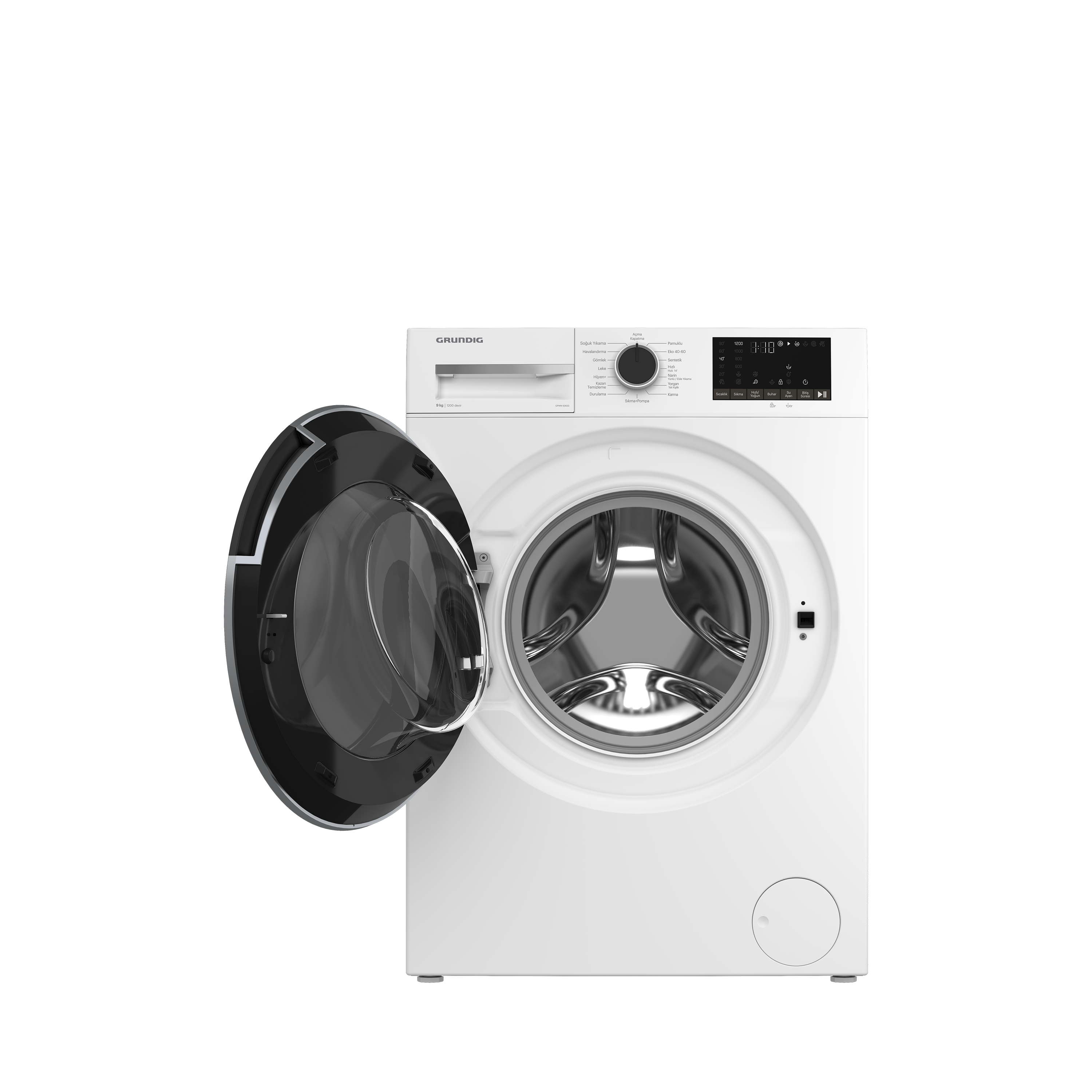 Açık kapılı beyaz Grundig çamaşır makinesi. Siyah arka plan.