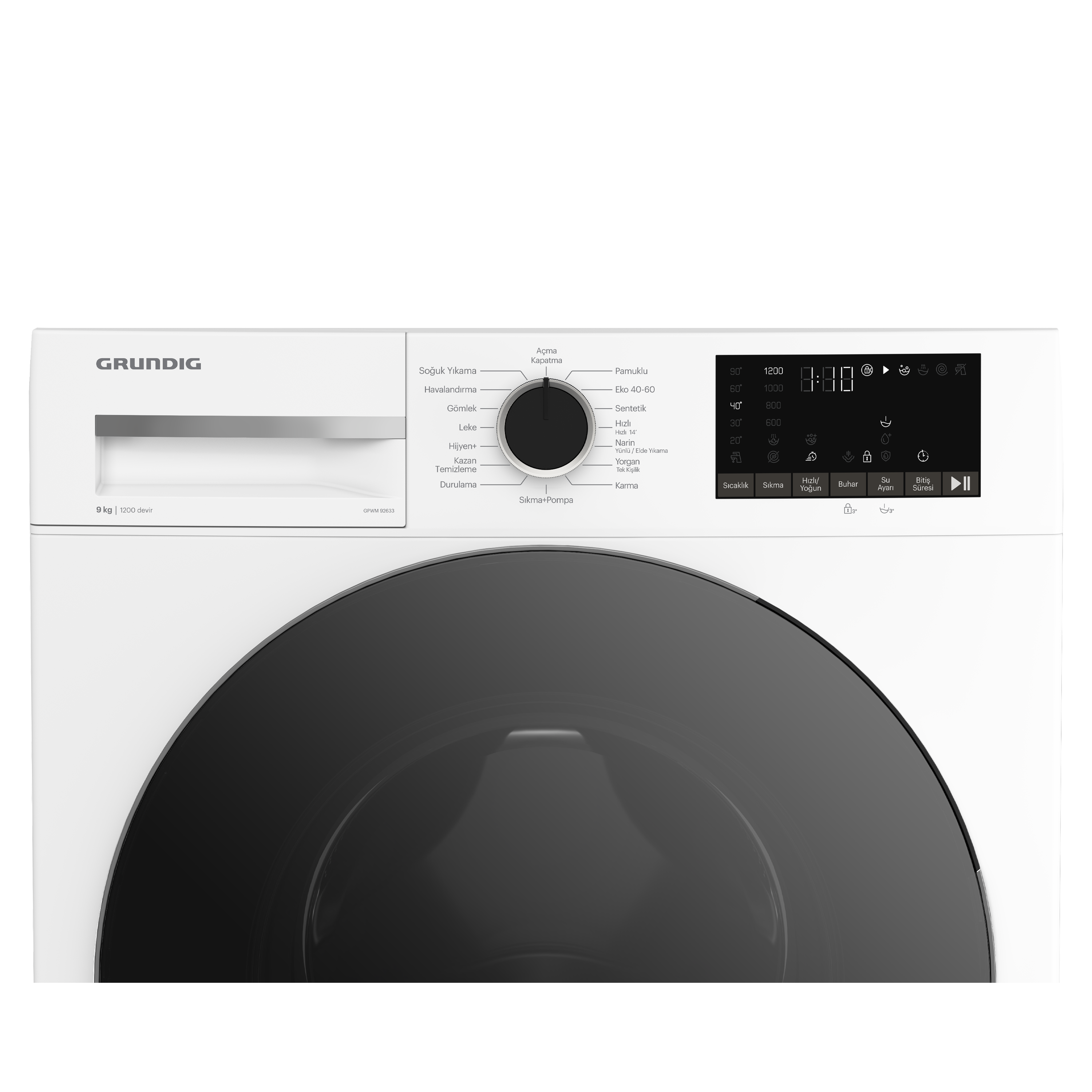 Beyaz Grundig çamaşır makinesi. Siyah kapısı ve çeşitli yıkama programları var.
