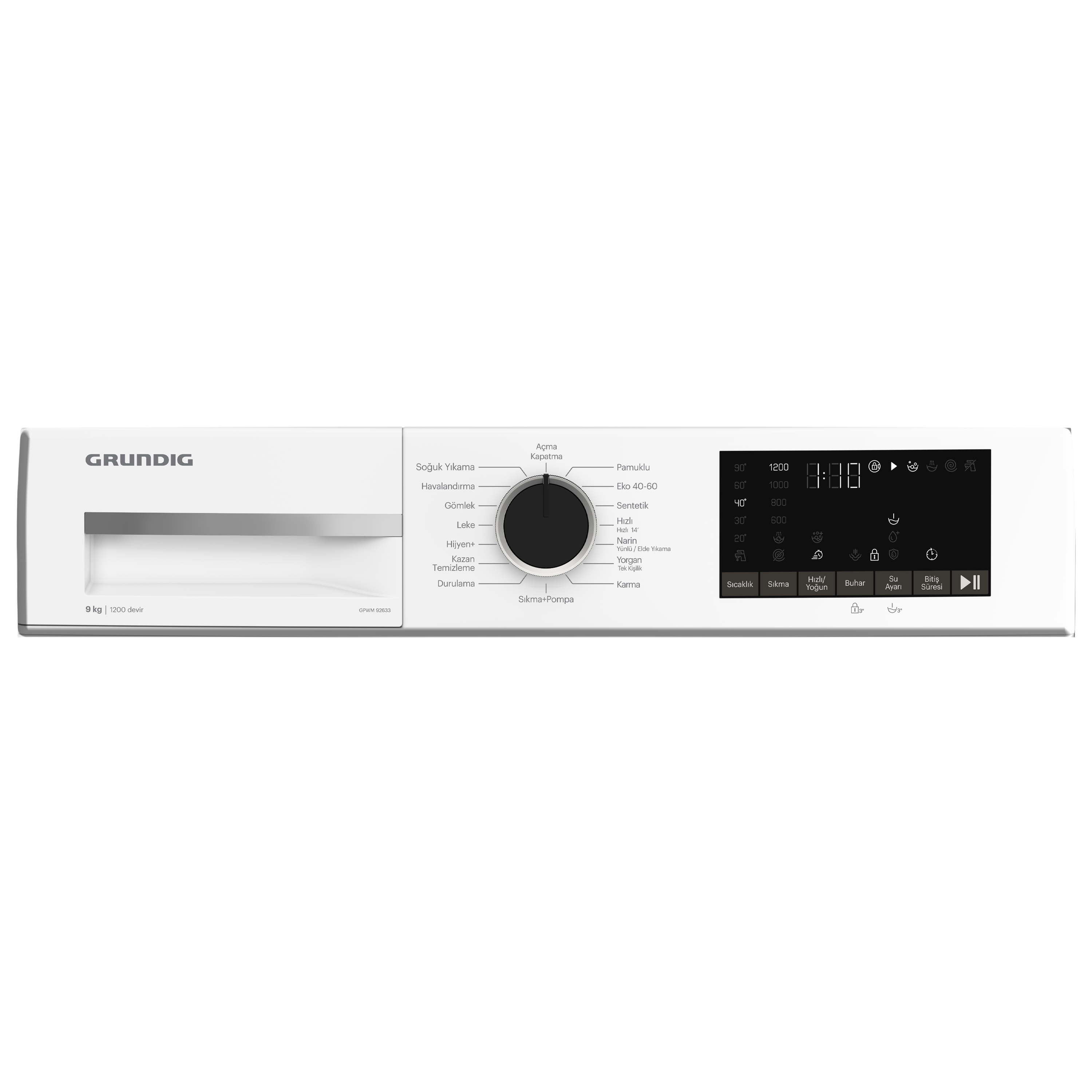 Beyaz Grundig çamaşır makinesi kontrol paneli, yıkama programlarını gösteren bir kadran ve dijital ekran.