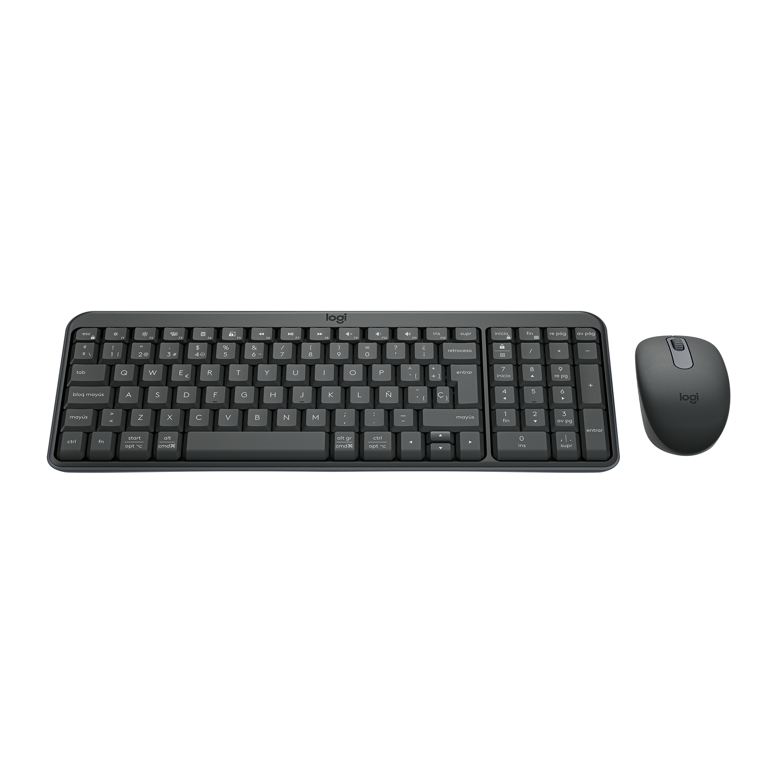 Teclado y ratón Logitech negros sobre fondo blanco. El teclado tiene diseño español.