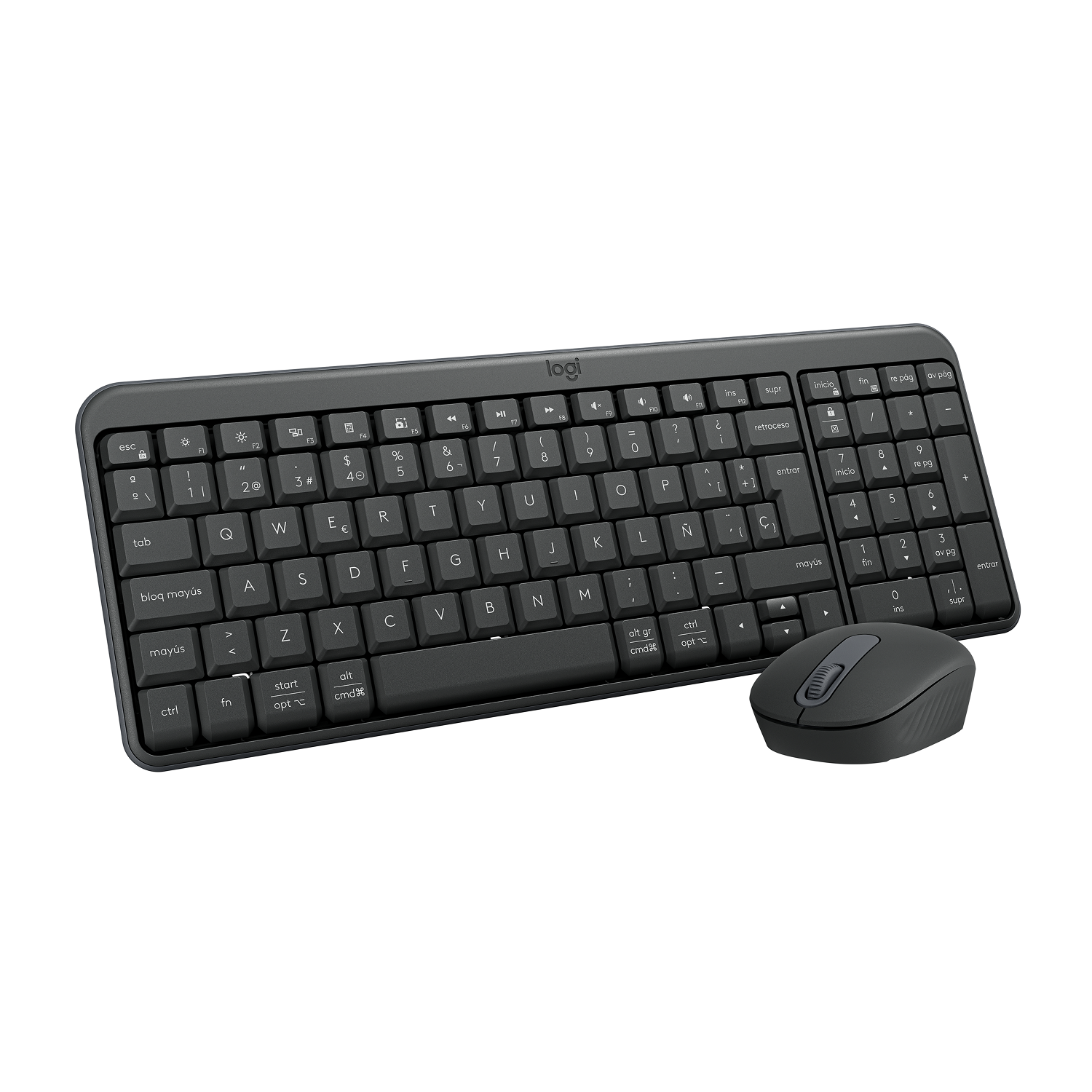Un conjunto de teclado y ratón Logitech negro. Las teclas del teclado son blancas. El ratón está junto al teclado.