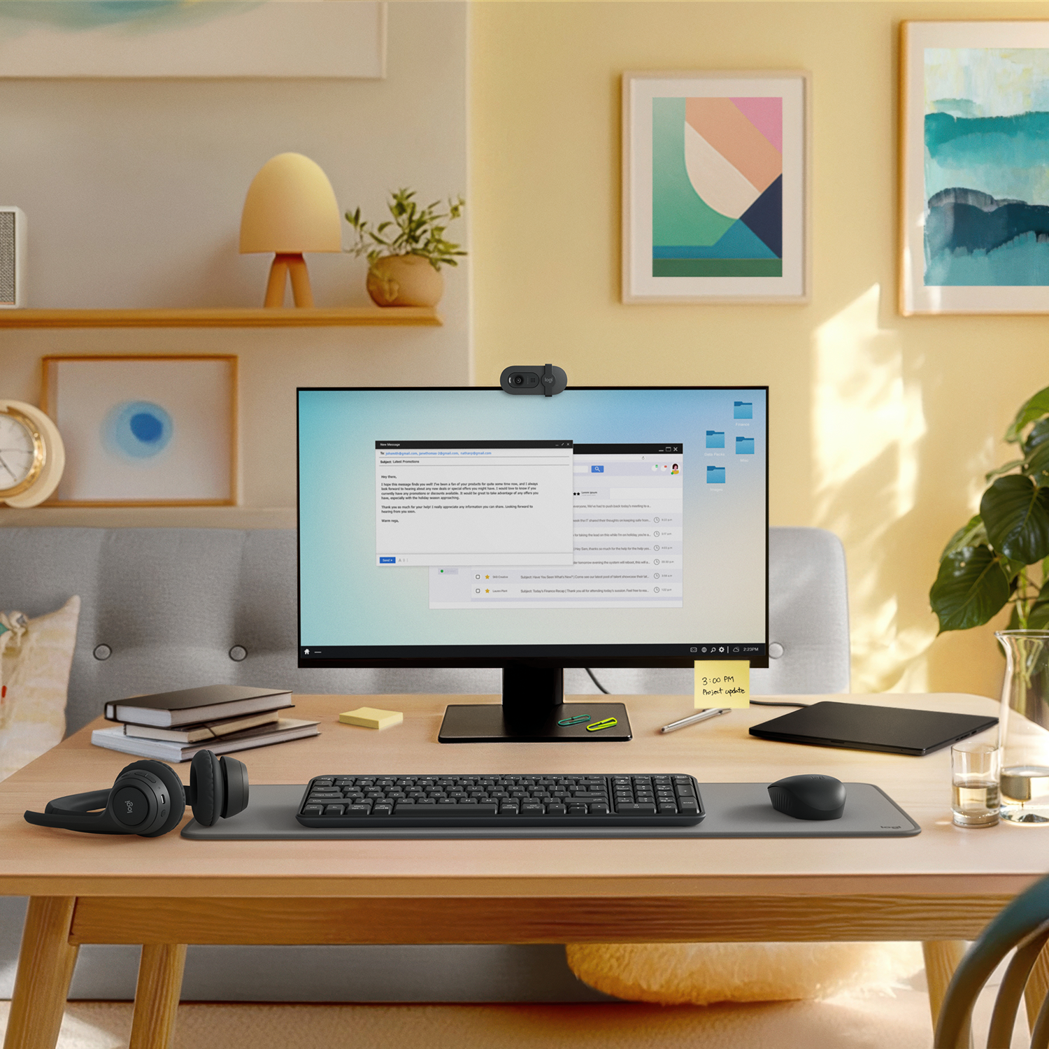 Un escritorio con computadora, teclado, mouse y auriculares. Obras de arte y plantas en el fondo. Una webcam en el monitor.