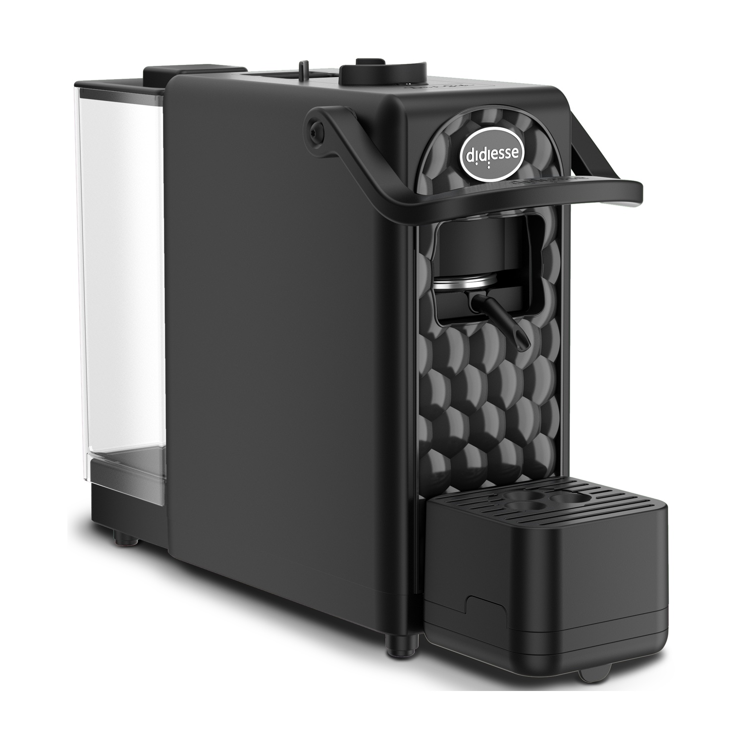 Una macchina da caffè didiesse nera, con serbatoio dell'acqua a sinistra e un contenitore per il caffè a destra.