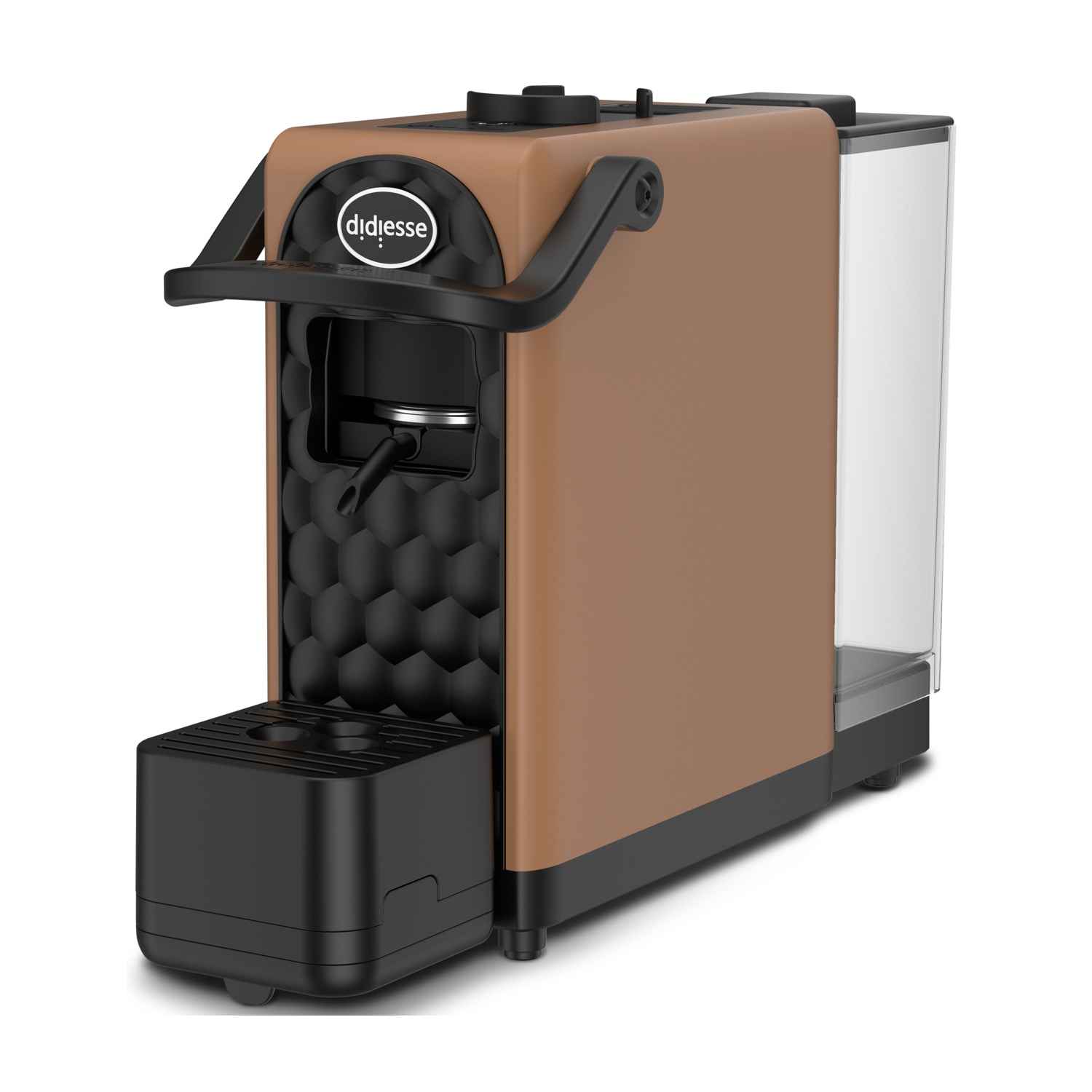 Una macchina per espresso marrone e nera con il marchio 'didiesse'. Presenta un serbatoio dell'acqua e un contenitore per capsule usate.