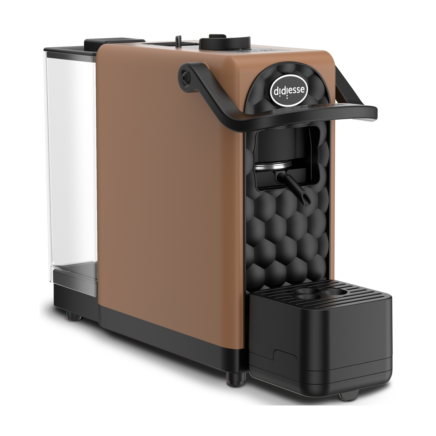 Una macchina per espresso marrone con dettagli neri. Ha un serbatoio dell'acqua trasparente e un beccuccio nero. Il marchio è visibile.