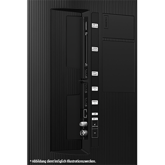 Nahaufnahme der Rückseite eines Fernsehers mit HDMI-, USB-, LAN- und anderen Anschlüssen, alle in Schwarz.