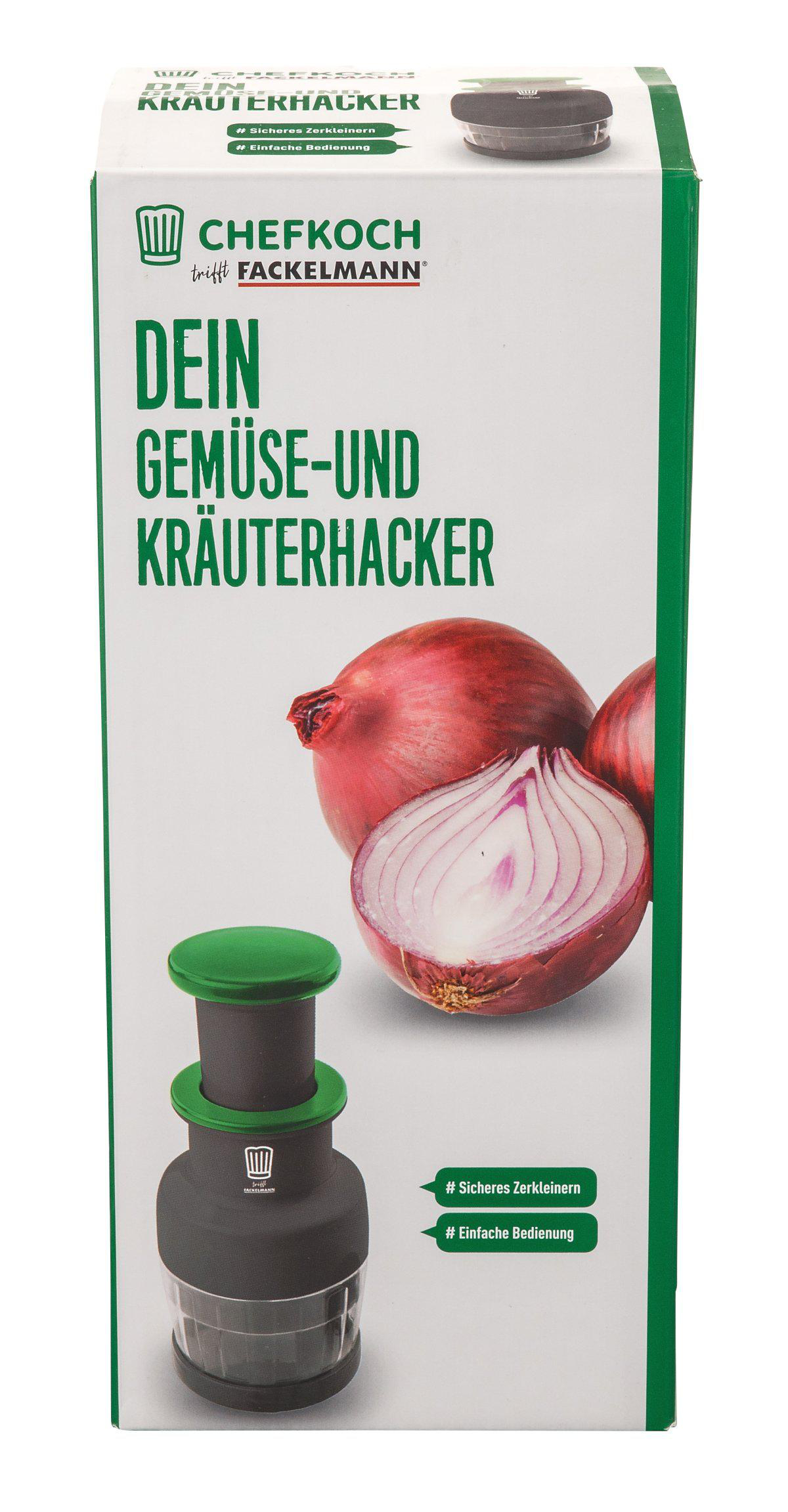 Produktbox für einen Chefkoch Gemüse- und Kräuterhacker. Sie zeigt rote Zwiebeln und den Häcksler selbst. Die Box ist weiß und grün.