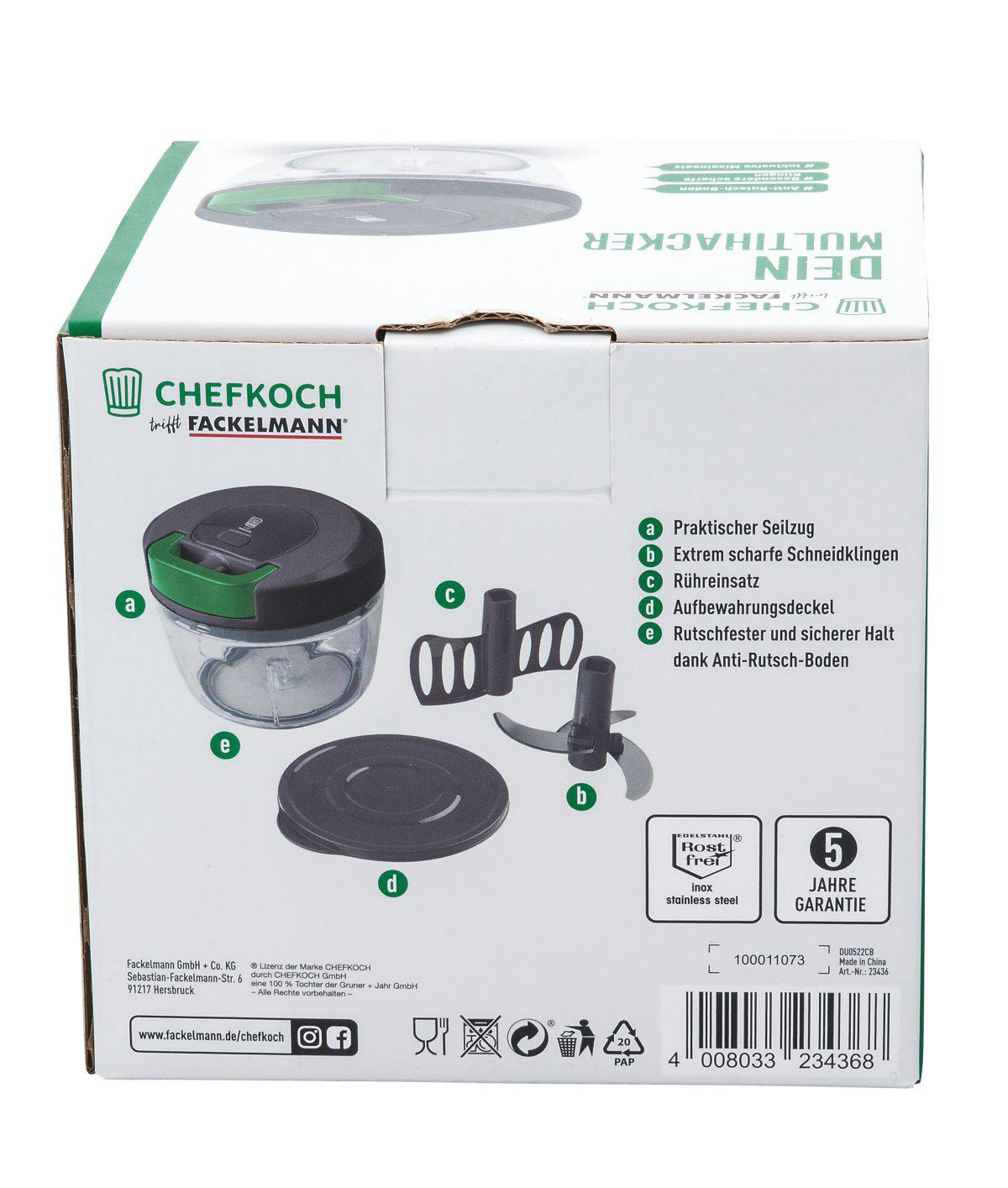 Schachtel eines Chefkoch MultiHackers. Sie zeigt das Produkt und seine Teile mit Beschreibungen. Die Schachtel ist weiß und grün.