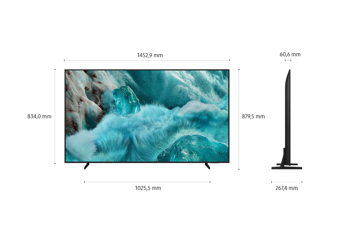 Ein großer Fernseher mit Maßangaben. Der Bildschirm zeigt ein blaues abstraktes Design. Maße: 1452,9 mm, 834,0 mm, 879,5 mm und 1025,5 mm.