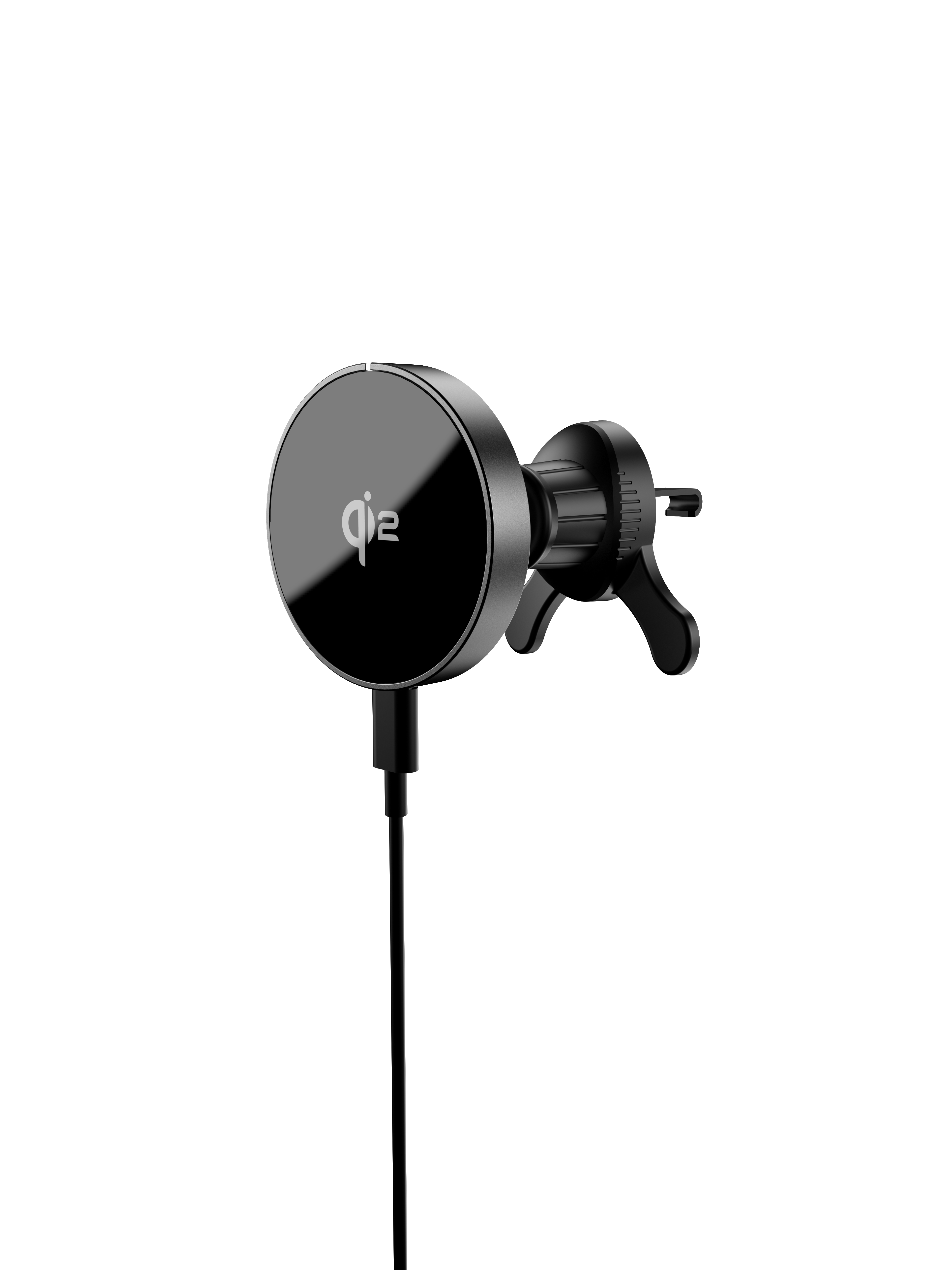 Czarna ładowarka do telefonu samochodowego z okrągłą głowicą i złączem. Czarne tło.