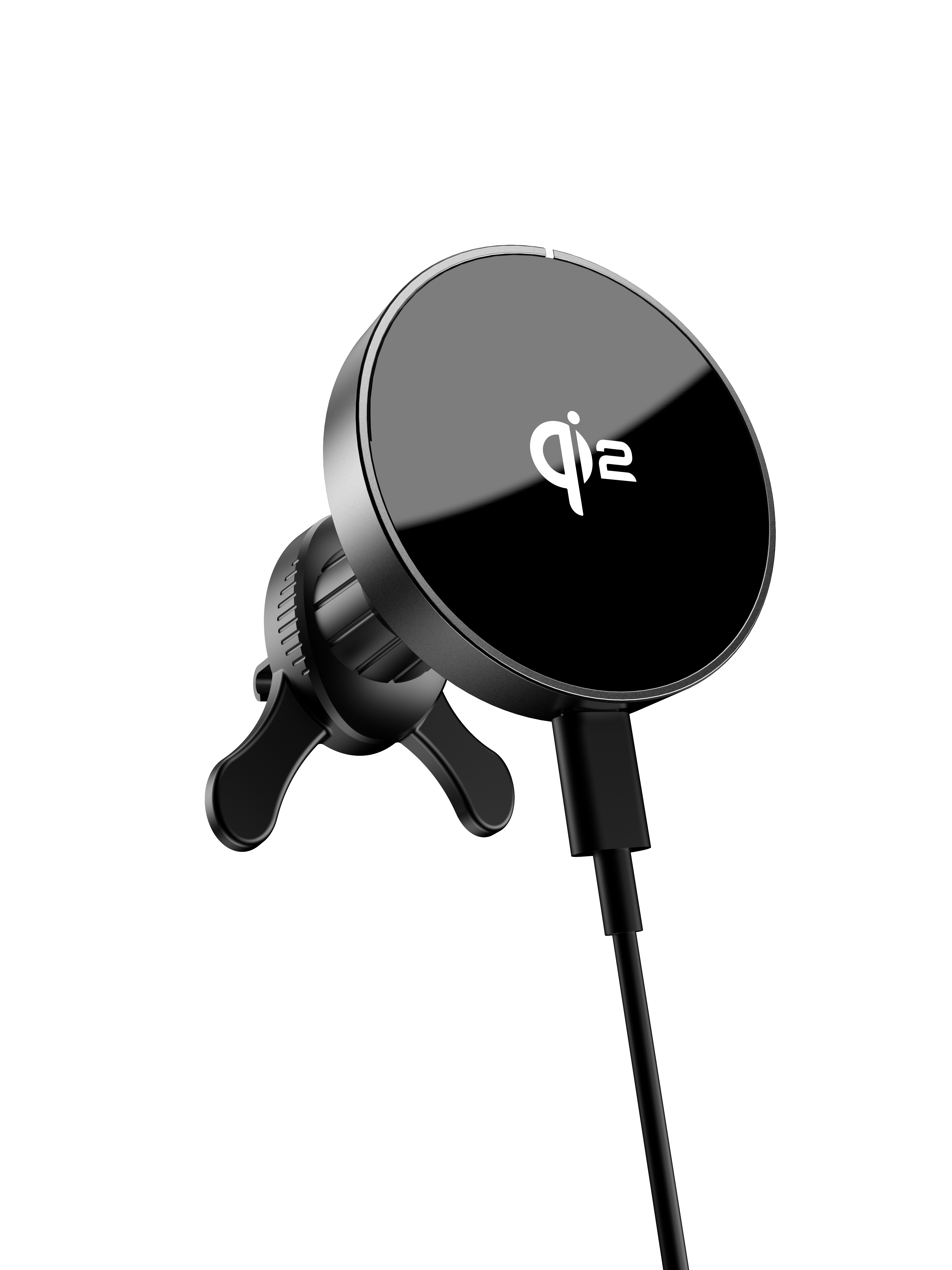 Czarny uchwyt do telefonu samochodowego z okrągłą ładowarką bezprzewodową. Ładowarka ma logo Qi. Podłączony jest czarny kabel.