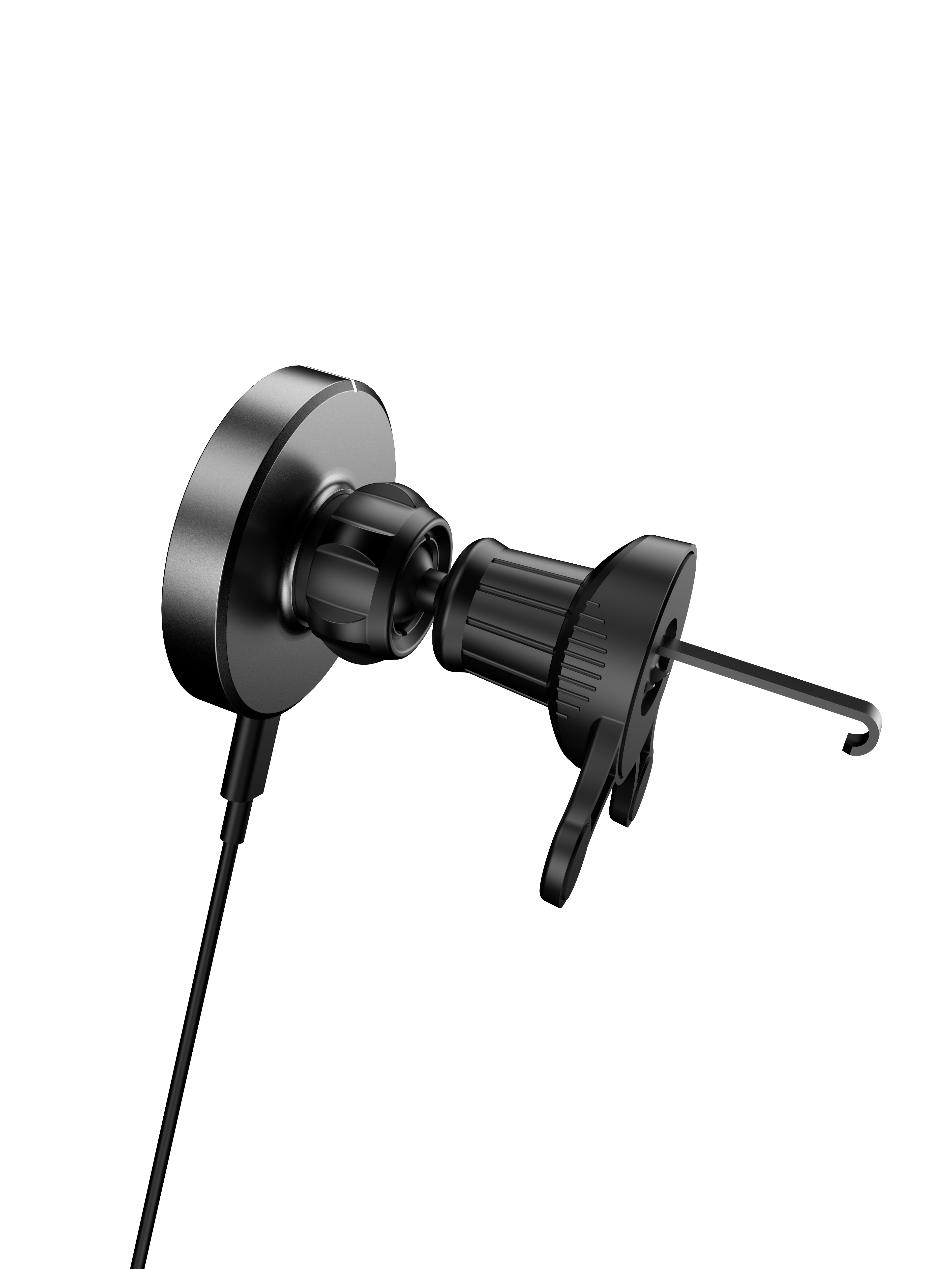 Czarny uchwyt samochodowy do telefonu. Ma okrągłą podstawę magnetyczną, regulowane ramię i klips do wentylacji.